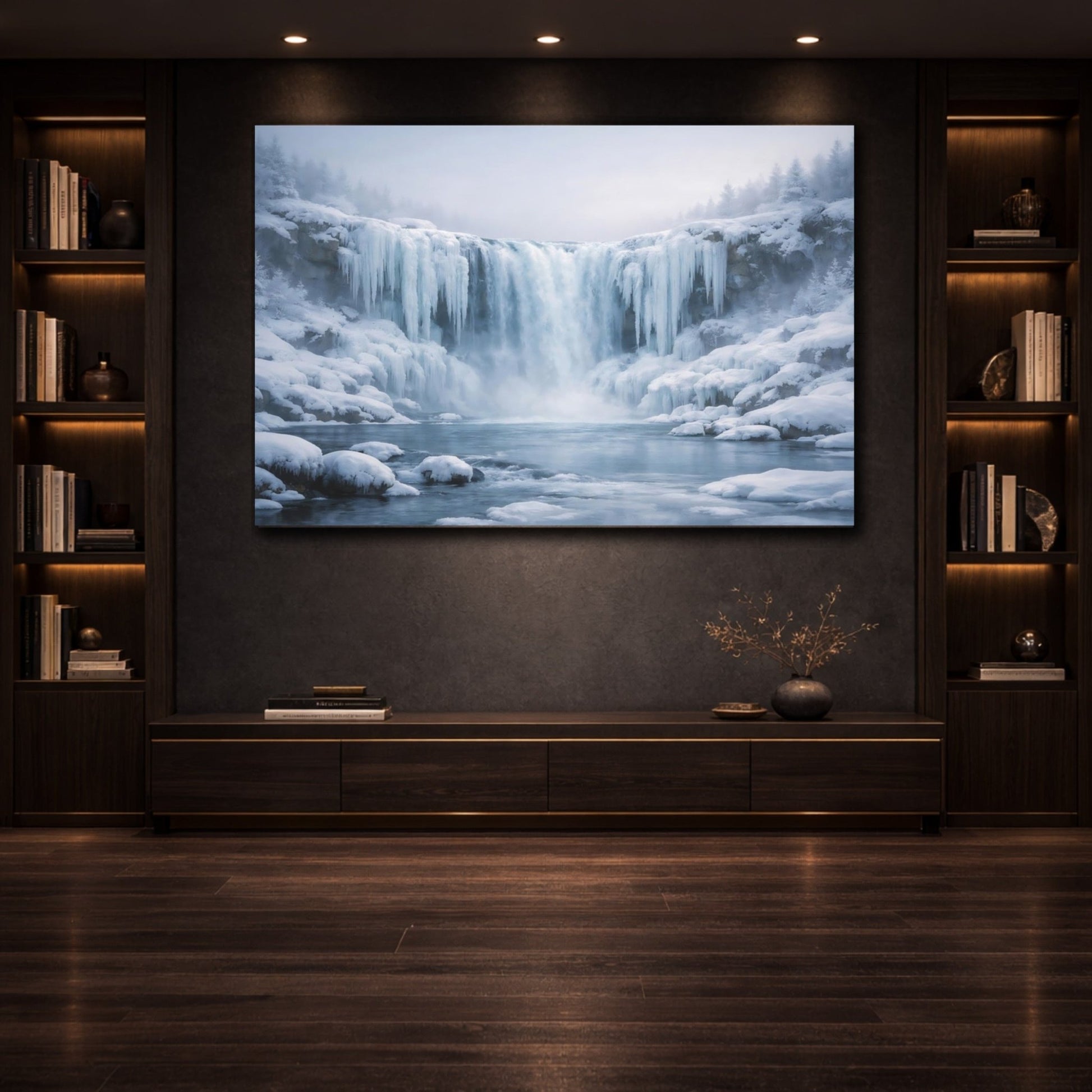 Nature Icy Waterfall Blue Landscape - Canvas Wall Art Print - YesArtYes