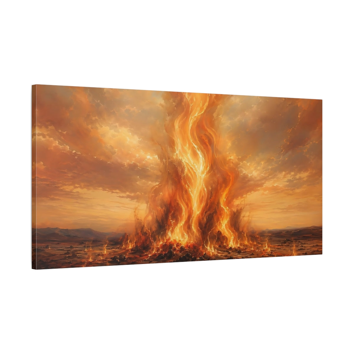 Main Mockup. Nature Inferno Orange And Red shown as stretched canvas wall art