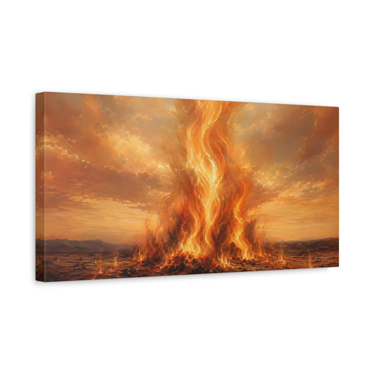 Side Mockup 3. Nature Inferno Orange And Red shown as stretched canvas wall art
