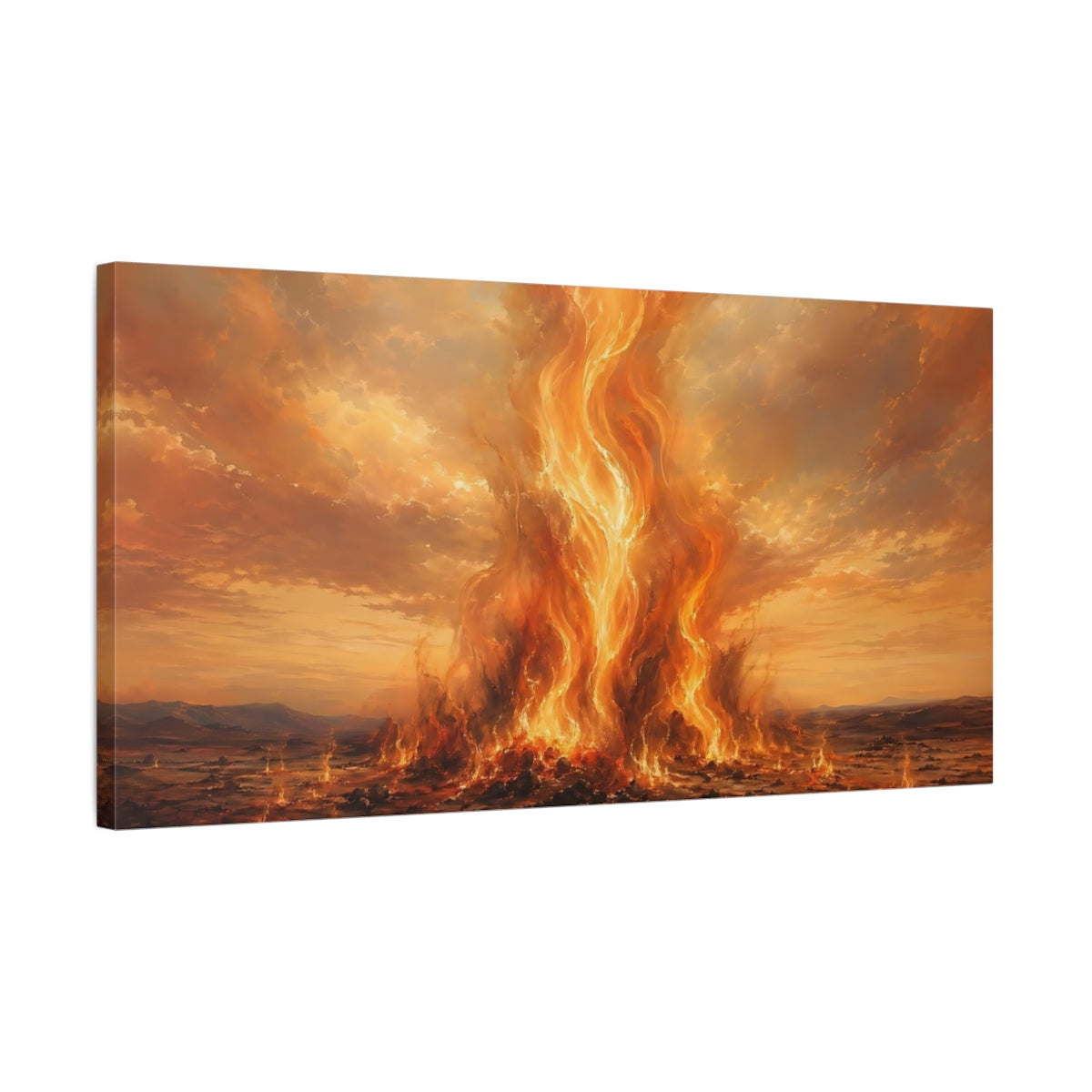 Side Mockup 1. Nature Inferno Orange And Red shown as stretched canvas wall art