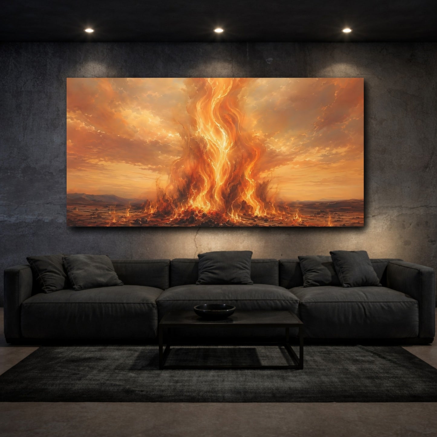 Mockup 2. Nature Inferno Orange And Red shown as stretched canvas wall art