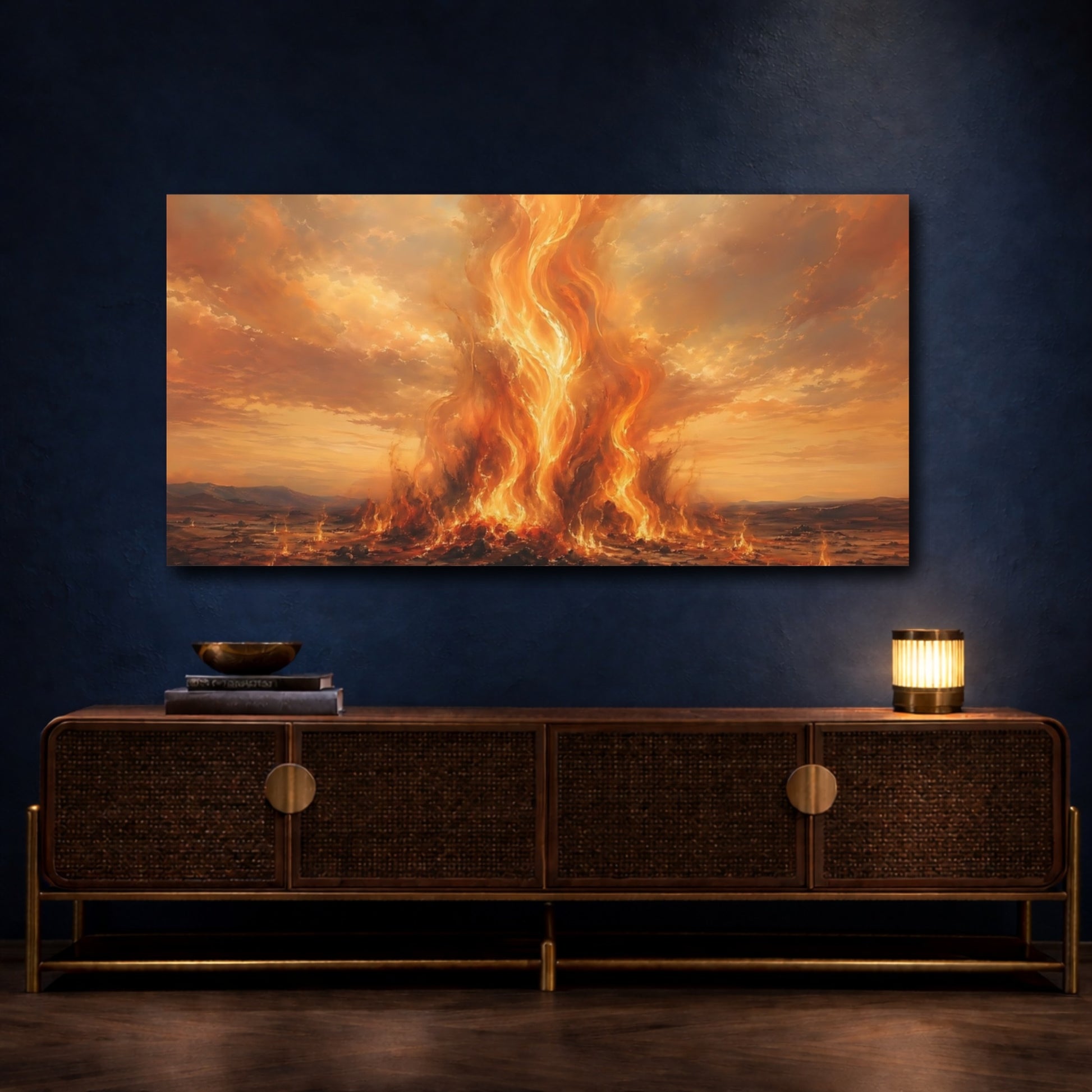 Mockup 3. Nature Inferno Orange And Red shown as stretched canvas wall art