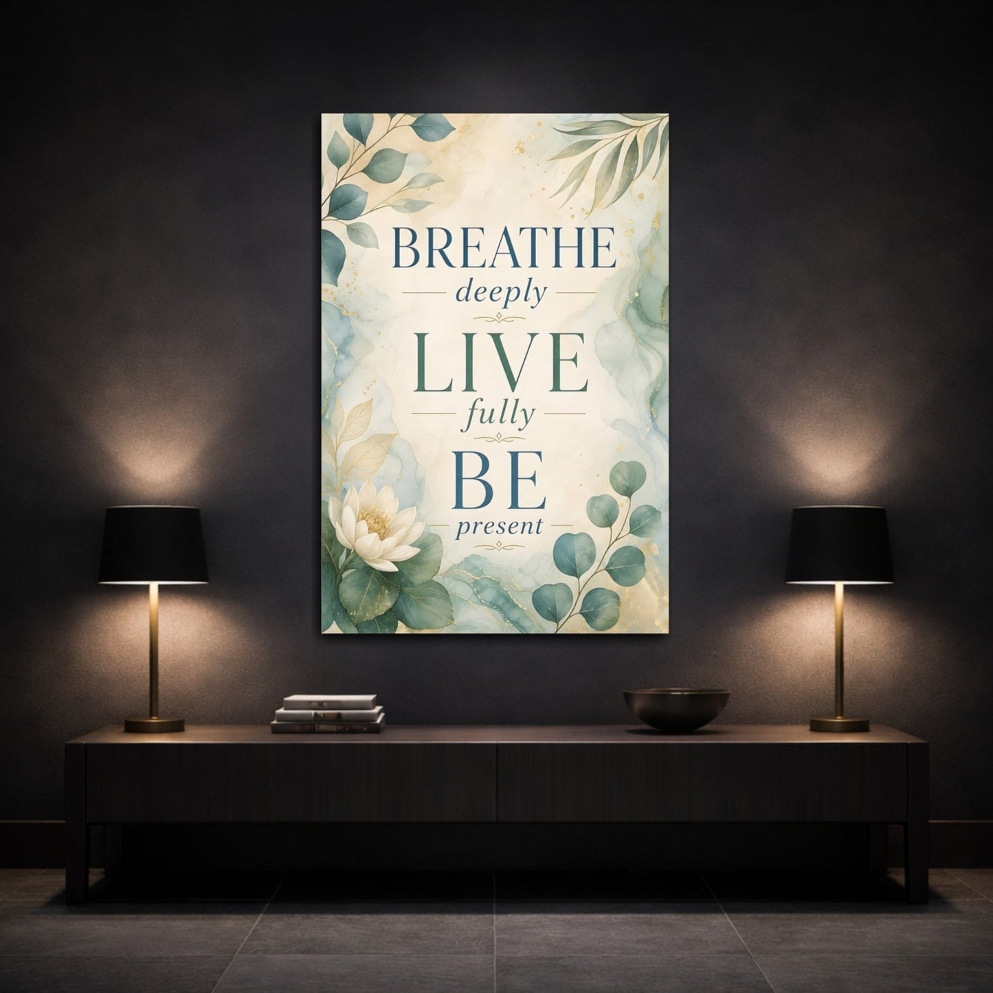 Nature Inspirational Text Green And Gold Canvas Print – Living Room, Above Console Table - YesArtYes