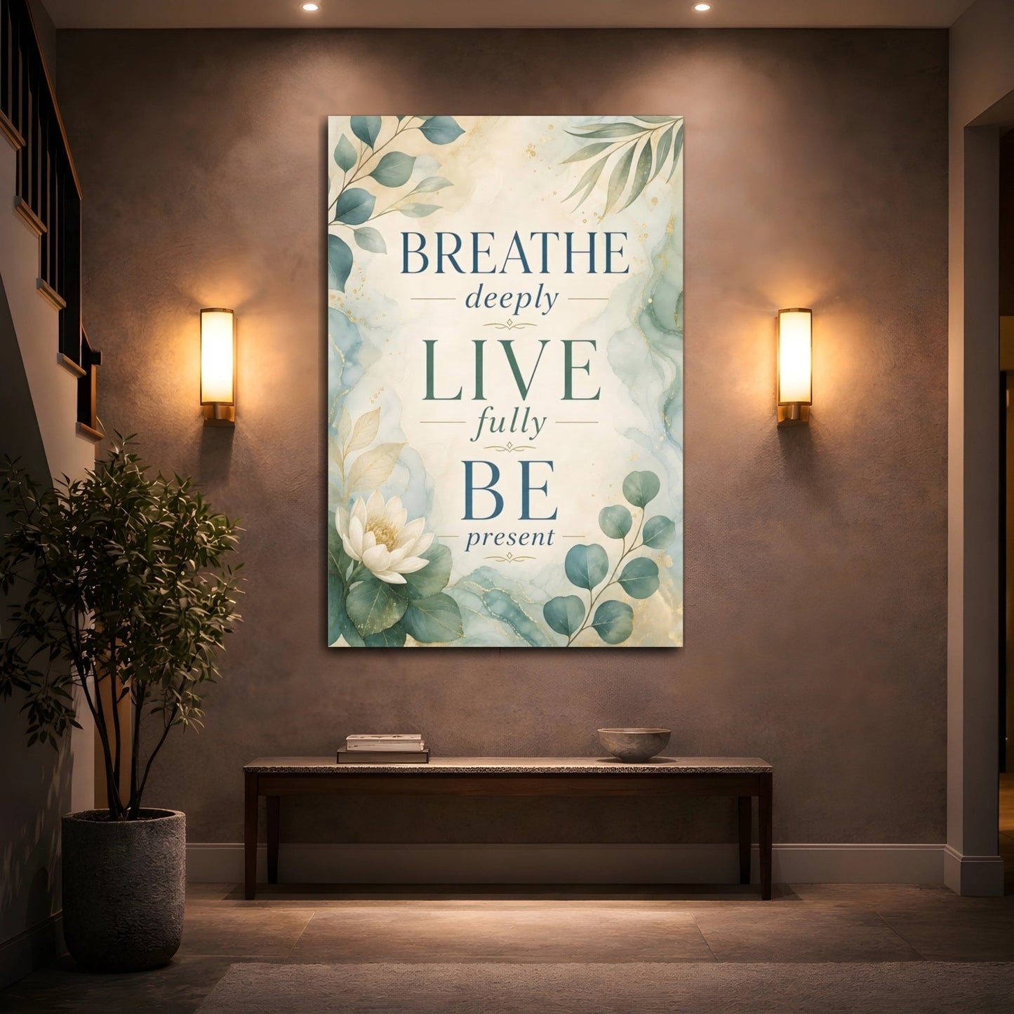 Nature Inspirational Text Green And Gold Canvas Print – Living Room, Above Console Table - YesArtYes