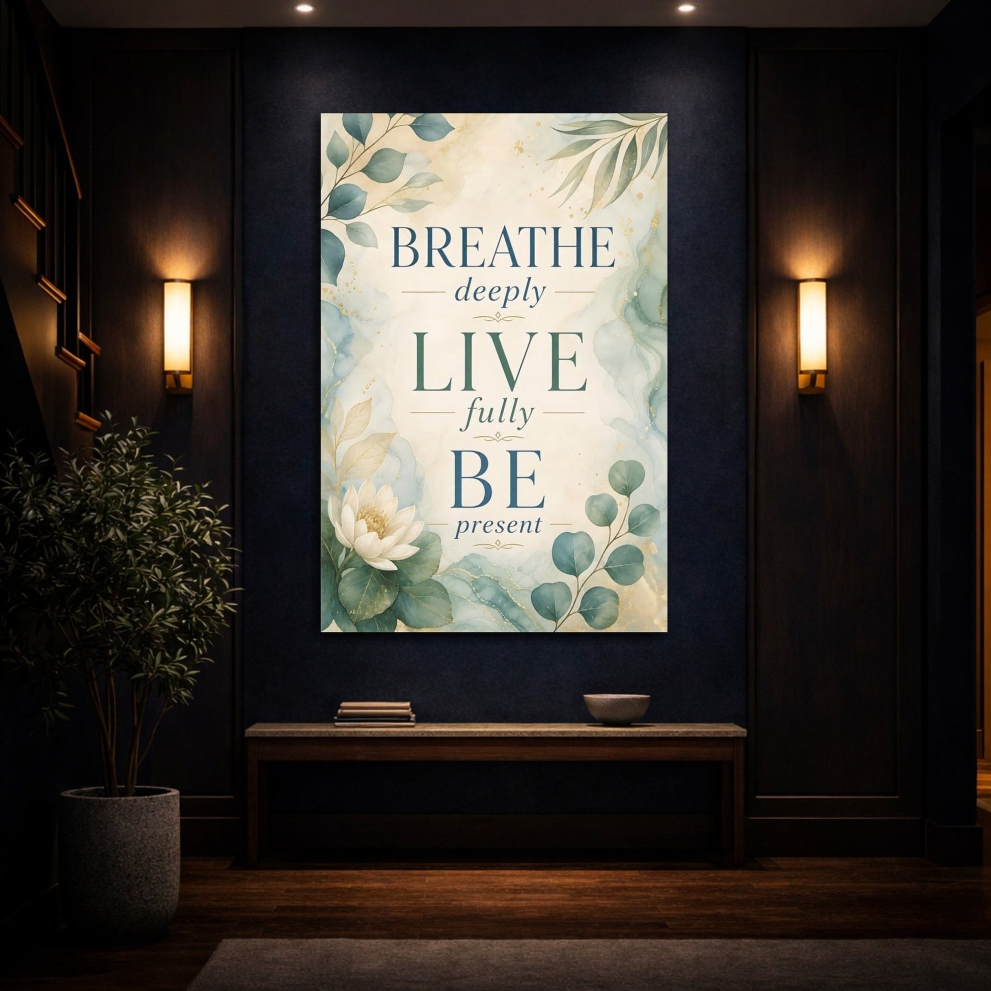 Nature Inspirational Text Green And Gold Canvas Print – Living Room, Above Console Table - YesArtYes