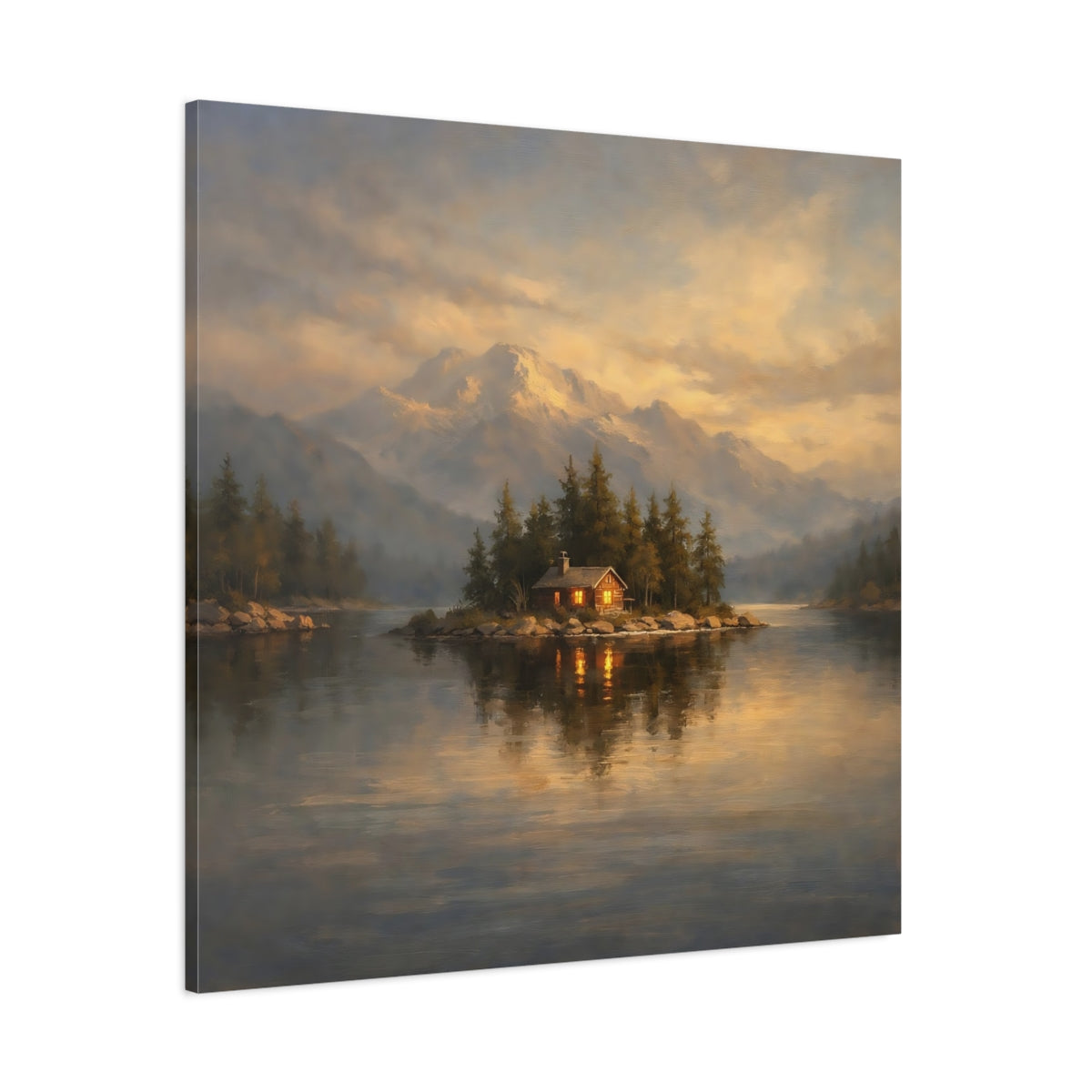 Main Mockup. Nature Island Cabin Mountain Lake Cabin shown as stretched canvas wall art