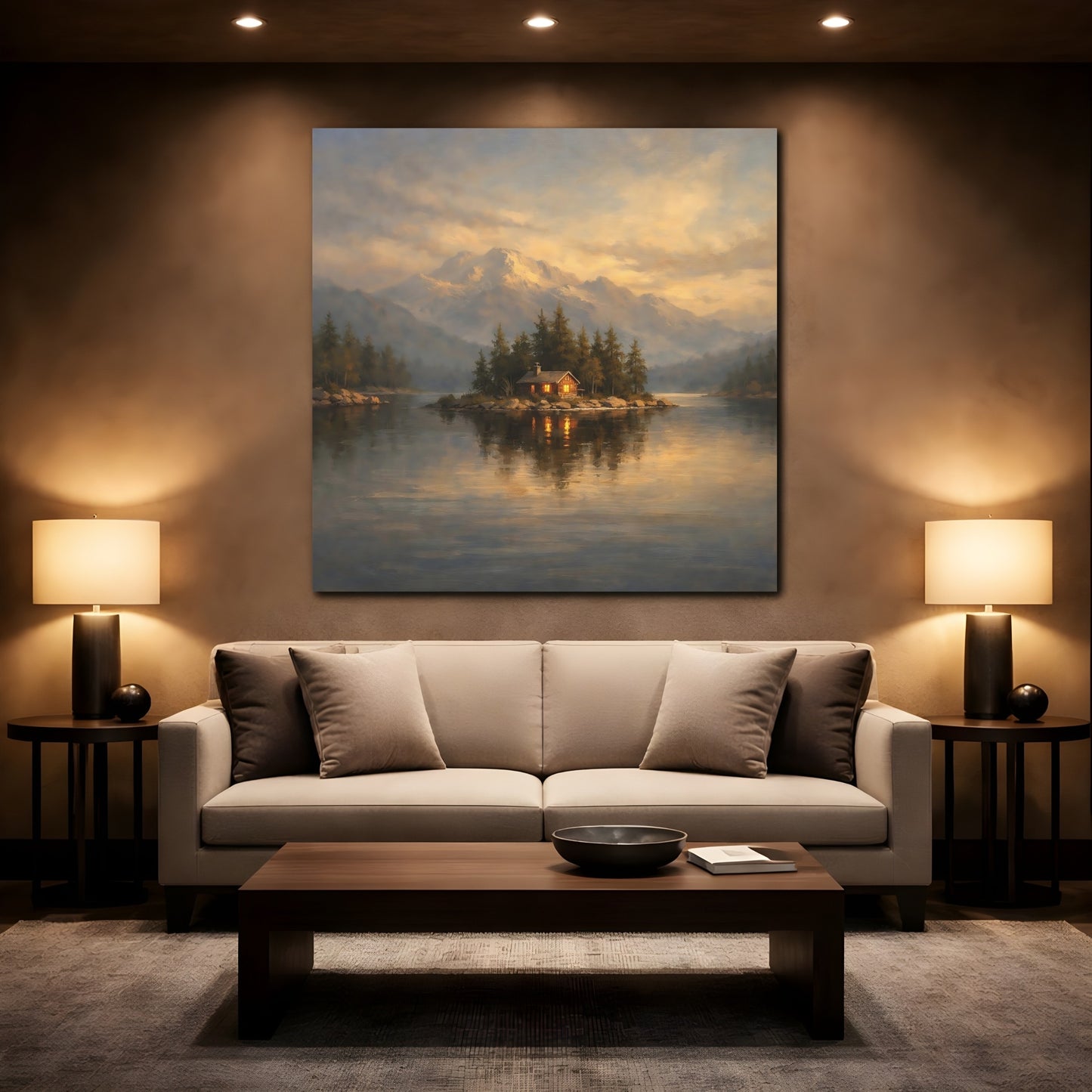 Mockup 2. Nature Island Cabin Mountain Lake Cabin shown as stretched canvas wall art