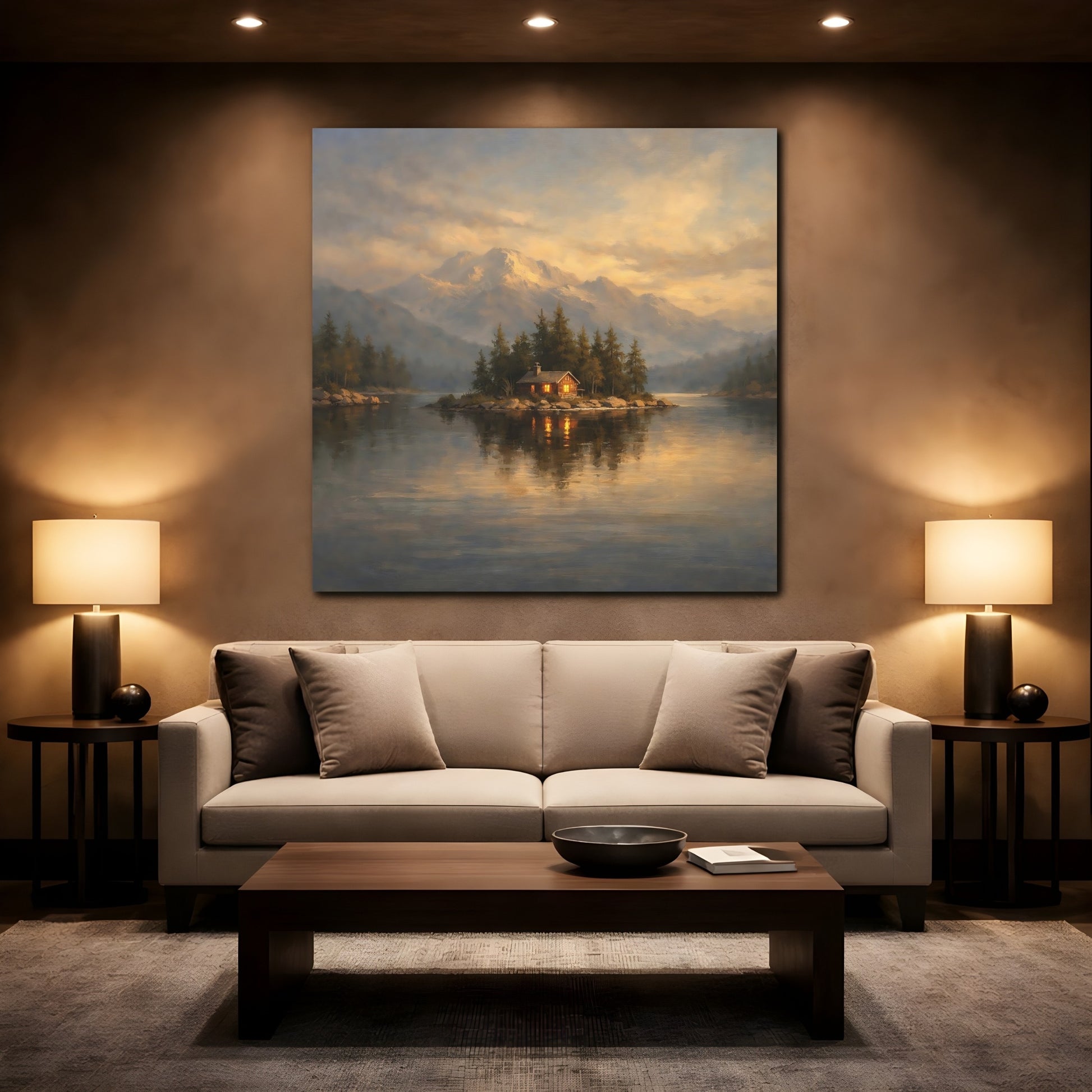 Mockup 2. Nature Island Cabin Mountain Lake Cabin shown as stretched canvas wall art