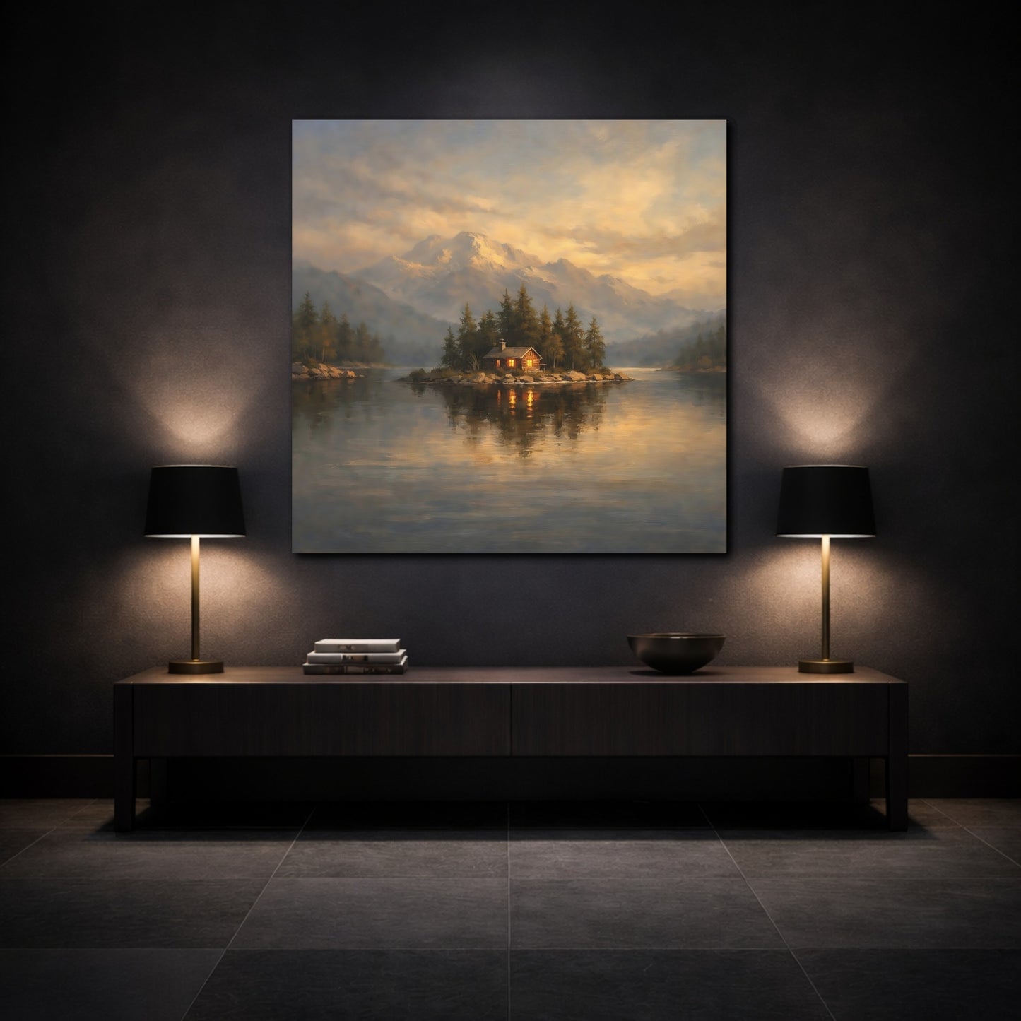Mockup 3. Nature Island Cabin Mountain Lake Cabin shown as stretched canvas wall art