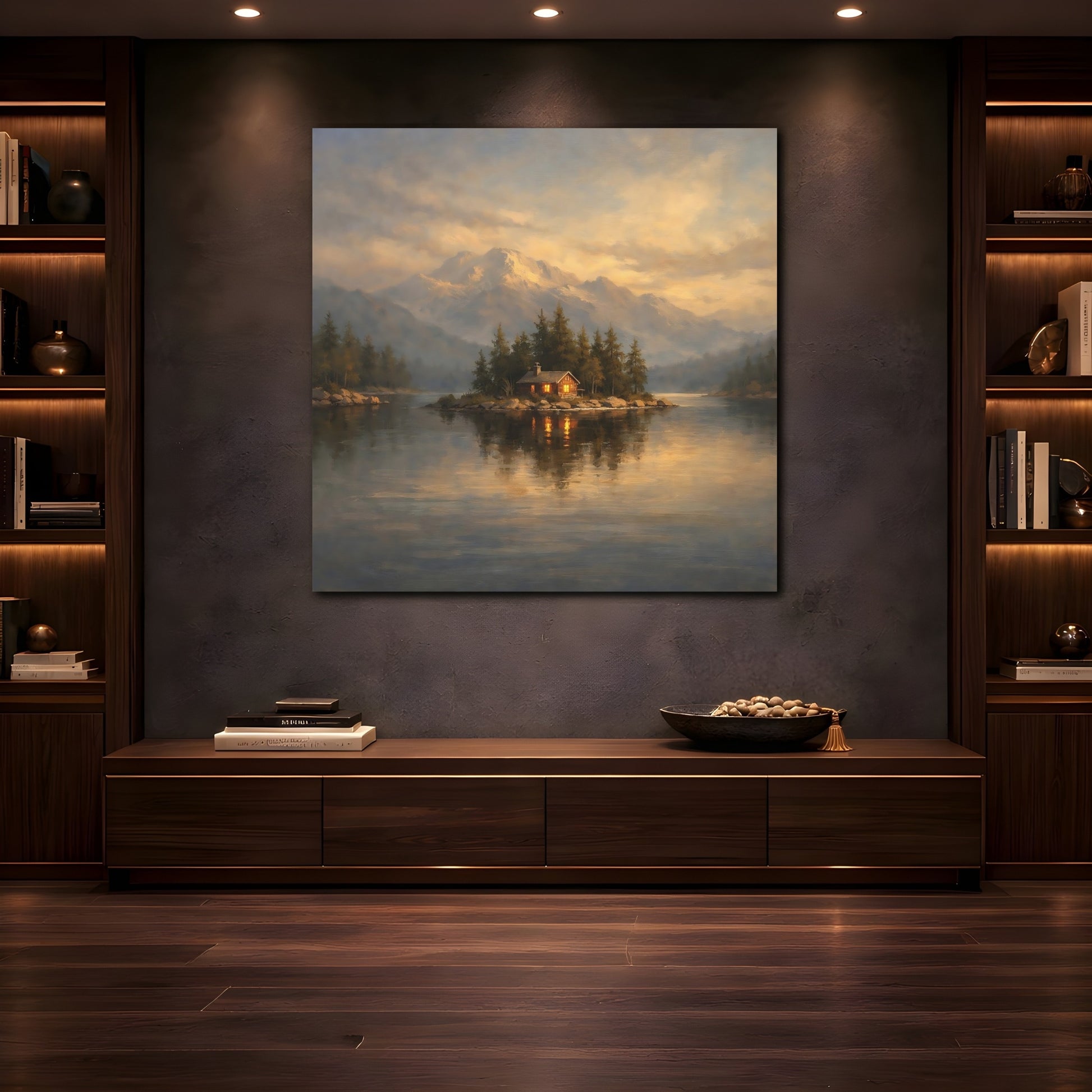 Mockup 4. Nature Island Cabin Mountain Lake Cabin shown as stretched canvas wall art