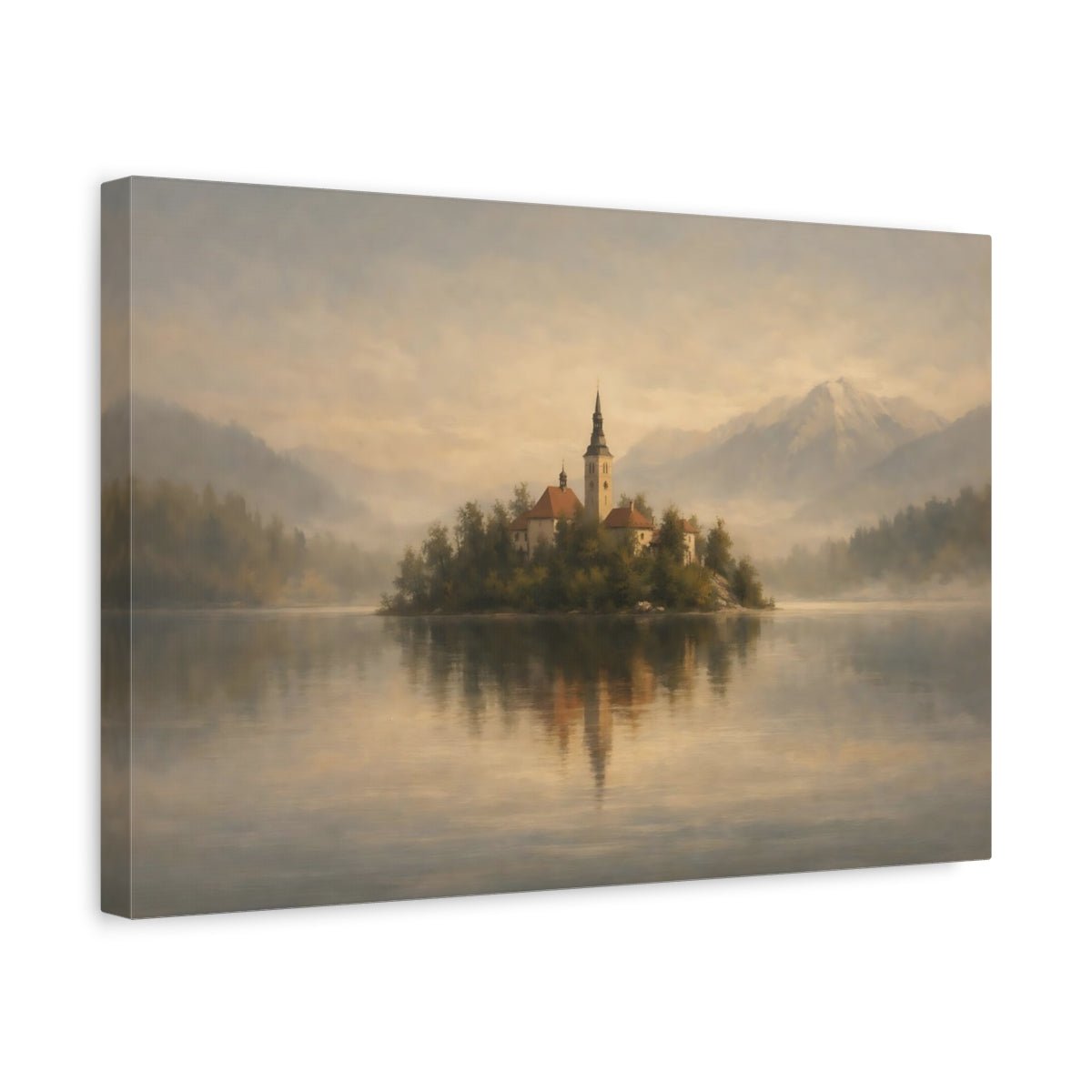 Side Mockup 4. Nature Island Church Misty Lake Island shown as stretched canvas wall art