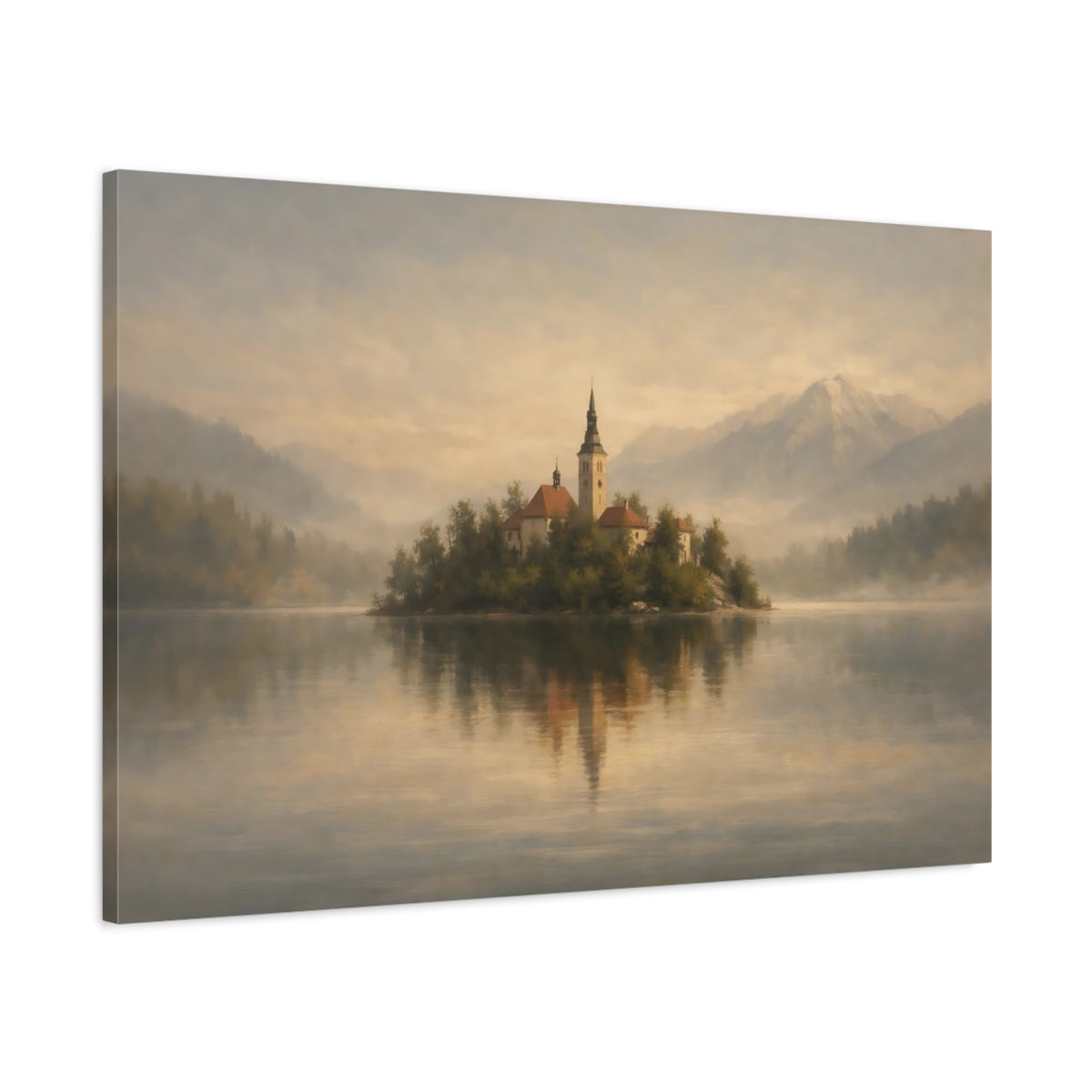 Side Mockup 1. Nature Island Church Misty Lake Island shown as stretched canvas wall art