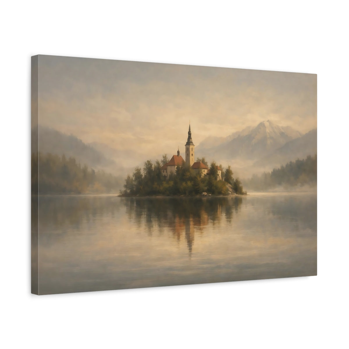 Side Mockup 3. Nature Island Church Misty Lake Island shown as stretched canvas wall art