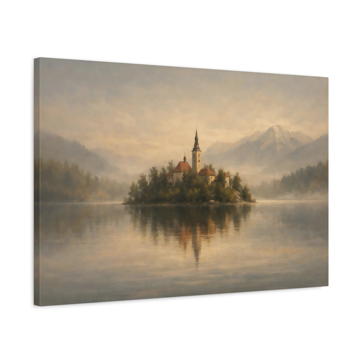 Side Mockup 2. Nature Island Church Misty Lake Island shown as stretched canvas wall art