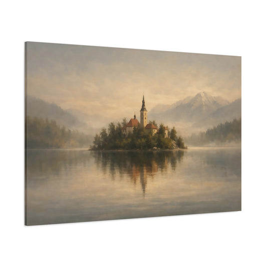 Main Mockup. Nature Island Church Misty Lake Island shown as stretched canvas wall art