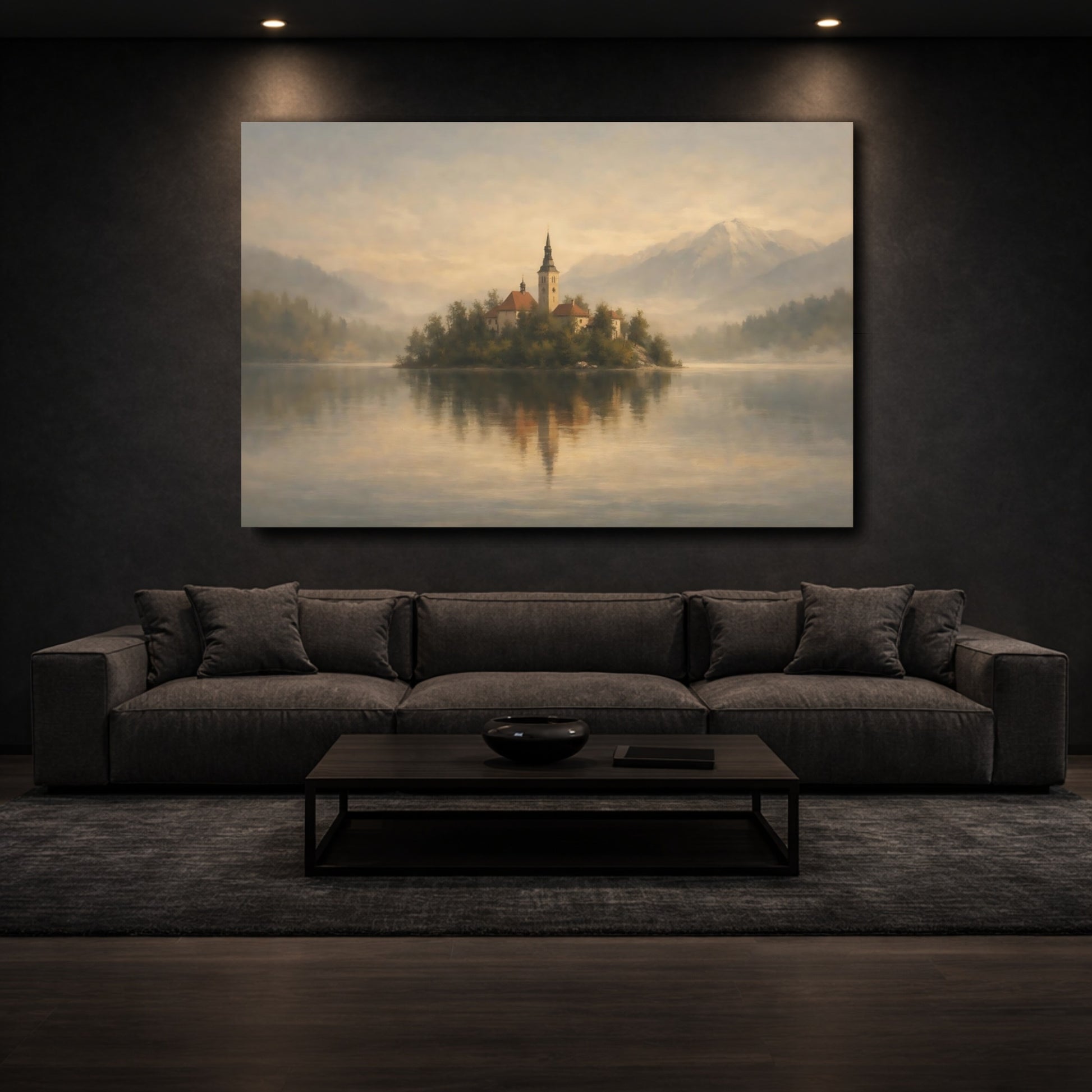 Mockup 2. Nature Island Church Misty Lake Island shown as stretched canvas wall art