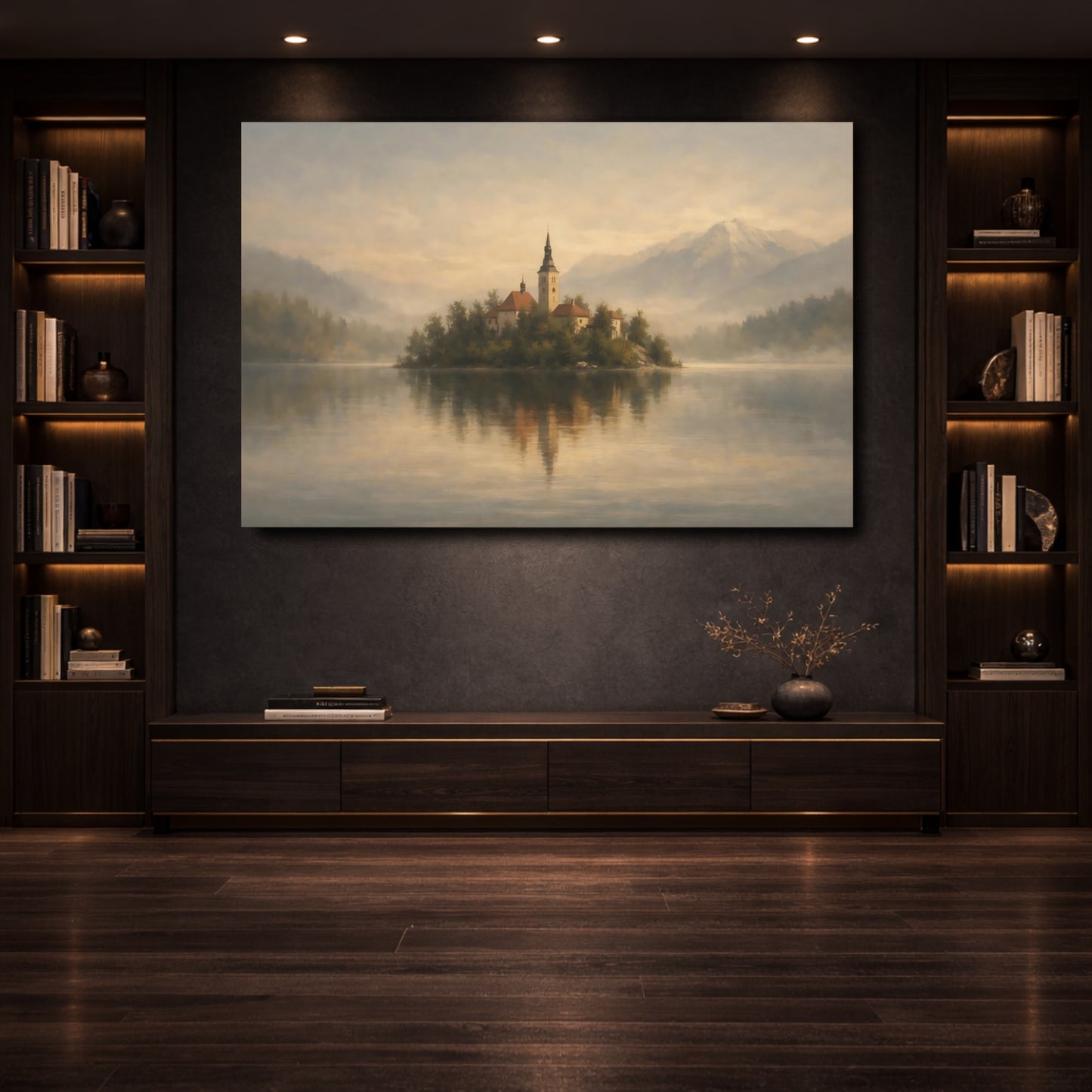 Mockup 3. Nature Island Church Misty Lake Island shown as stretched canvas wall art
