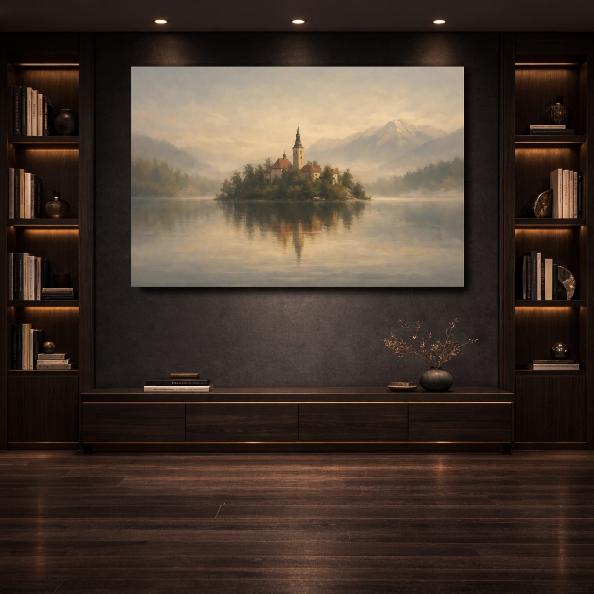 Mockup 3. Nature Island Church Misty Lake Island shown as stretched canvas wall art
