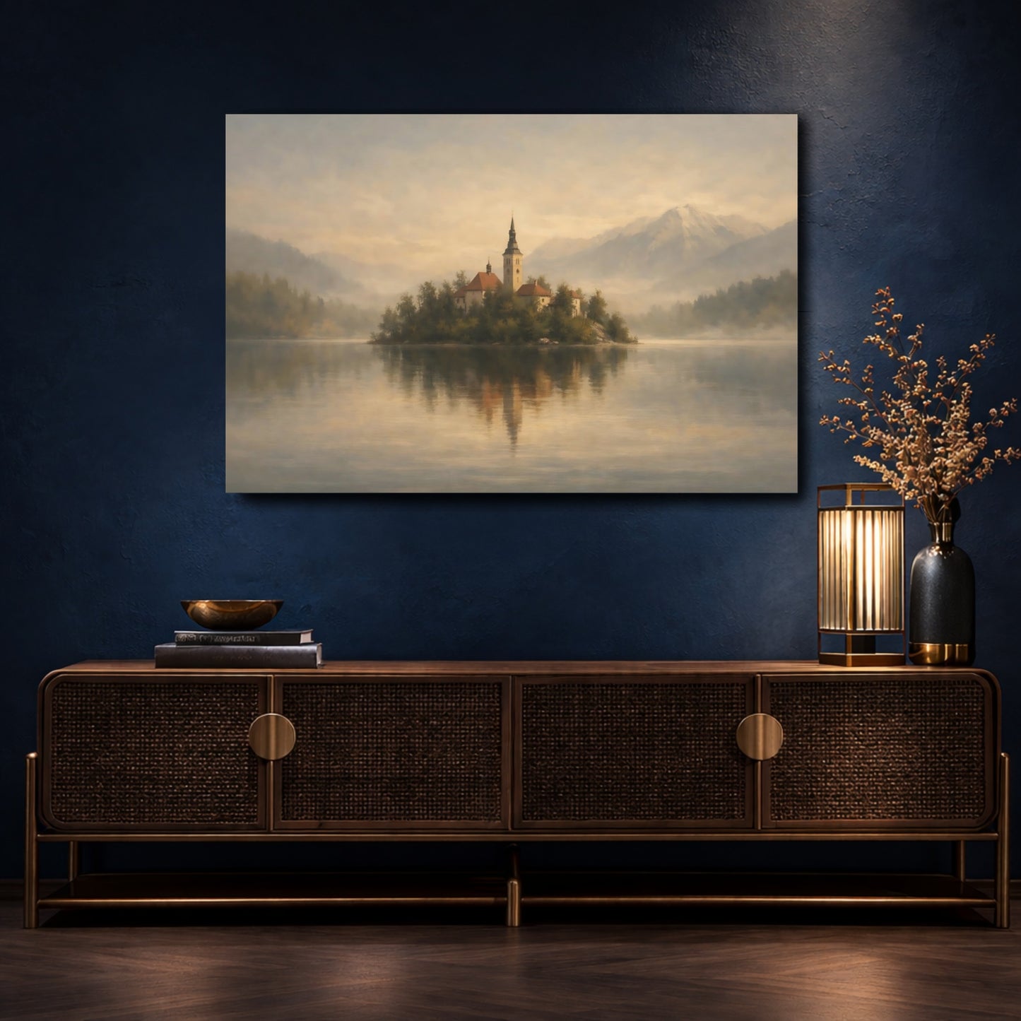 Mockup 4. Nature Island Church Misty Lake Island shown as stretched canvas wall art