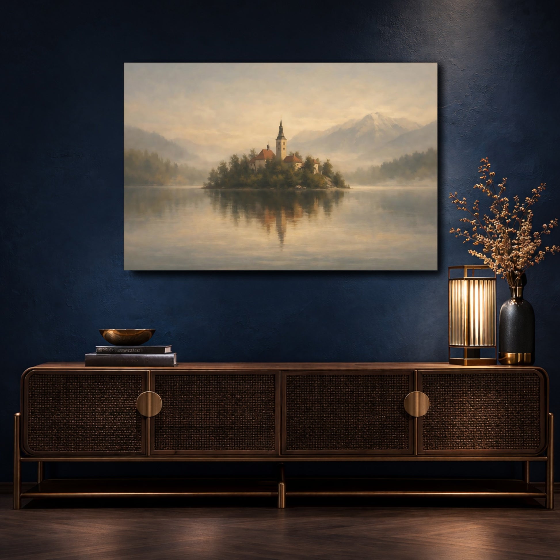Mockup 4. Nature Island Church Misty Lake Island shown as stretched canvas wall art