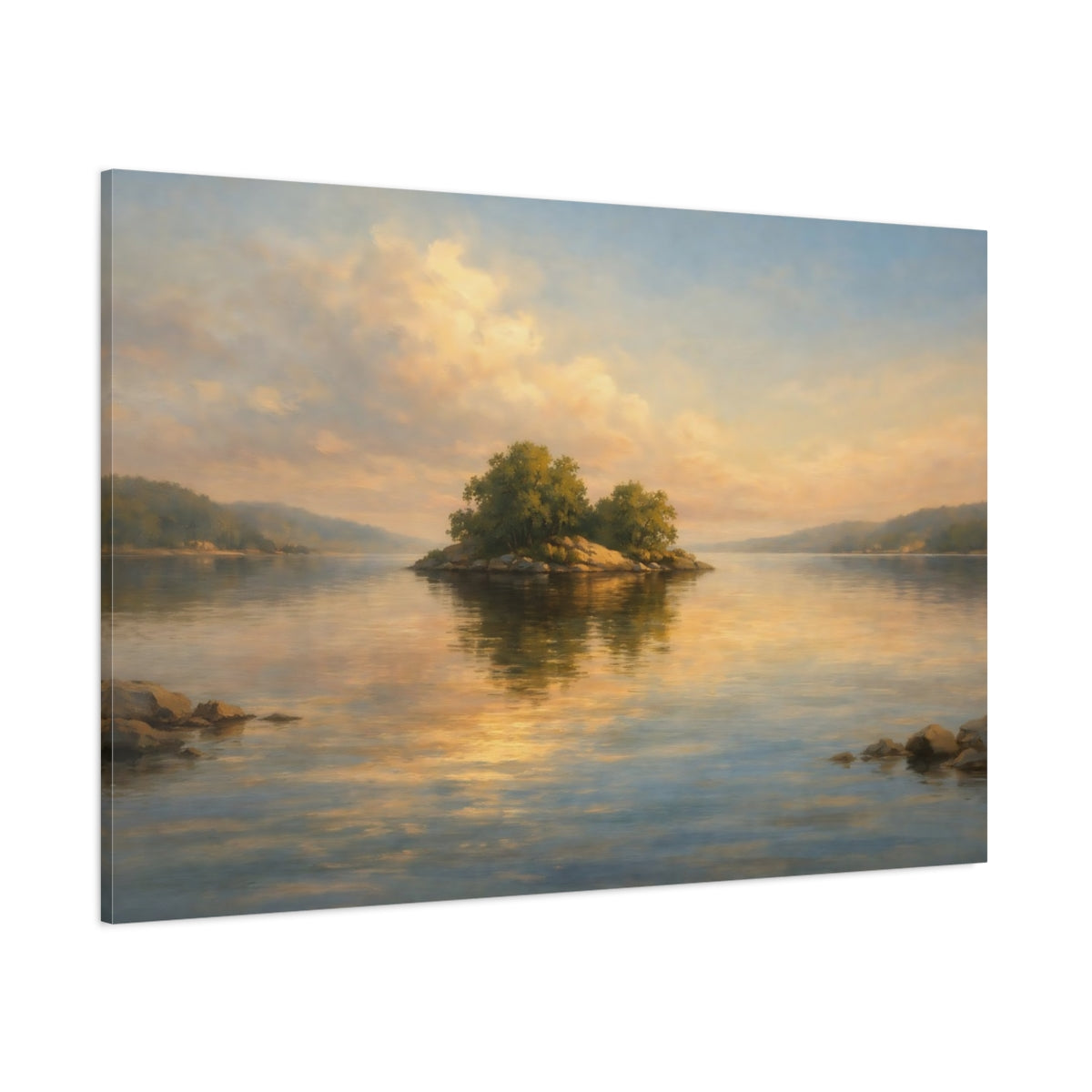 Main Mockup. Nature Island Golden Hour Lake shown as stretched canvas wall art