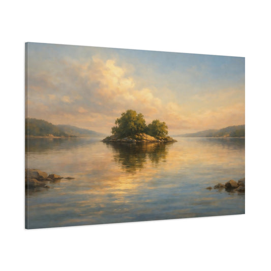 Main Mockup. Nature Island Golden Hour Lake shown as stretched canvas wall art