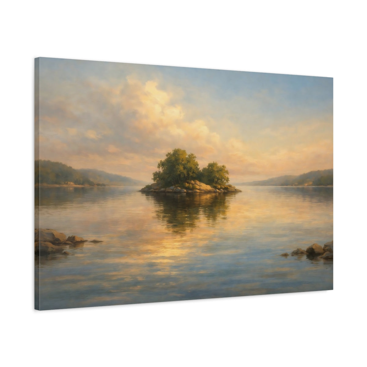 Side Mockup 1. Nature Island Golden Hour Lake shown as stretched canvas wall art