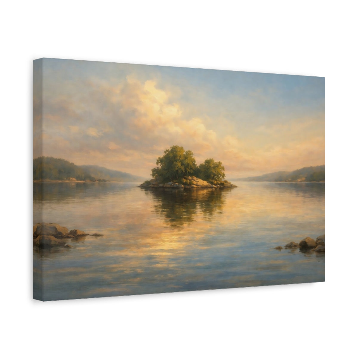 Side Mockup 4. Nature Island Golden Hour Lake shown as stretched canvas wall art