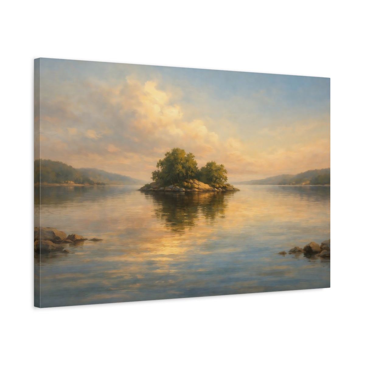 Side Mockup 2. Nature Island Golden Hour Lake shown as stretched canvas wall art