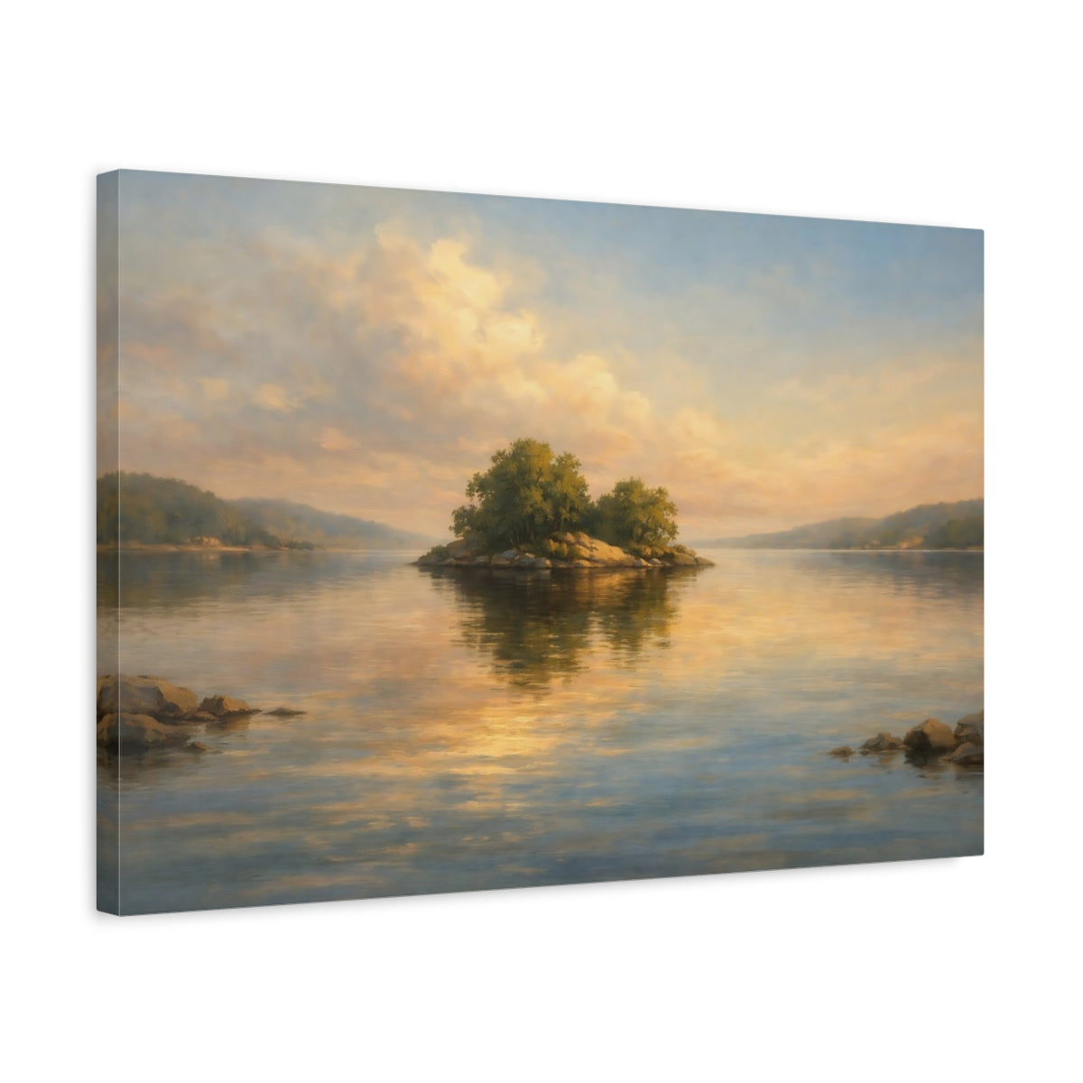 Side Mockup 3. Nature Island Golden Hour Lake shown as stretched canvas wall art