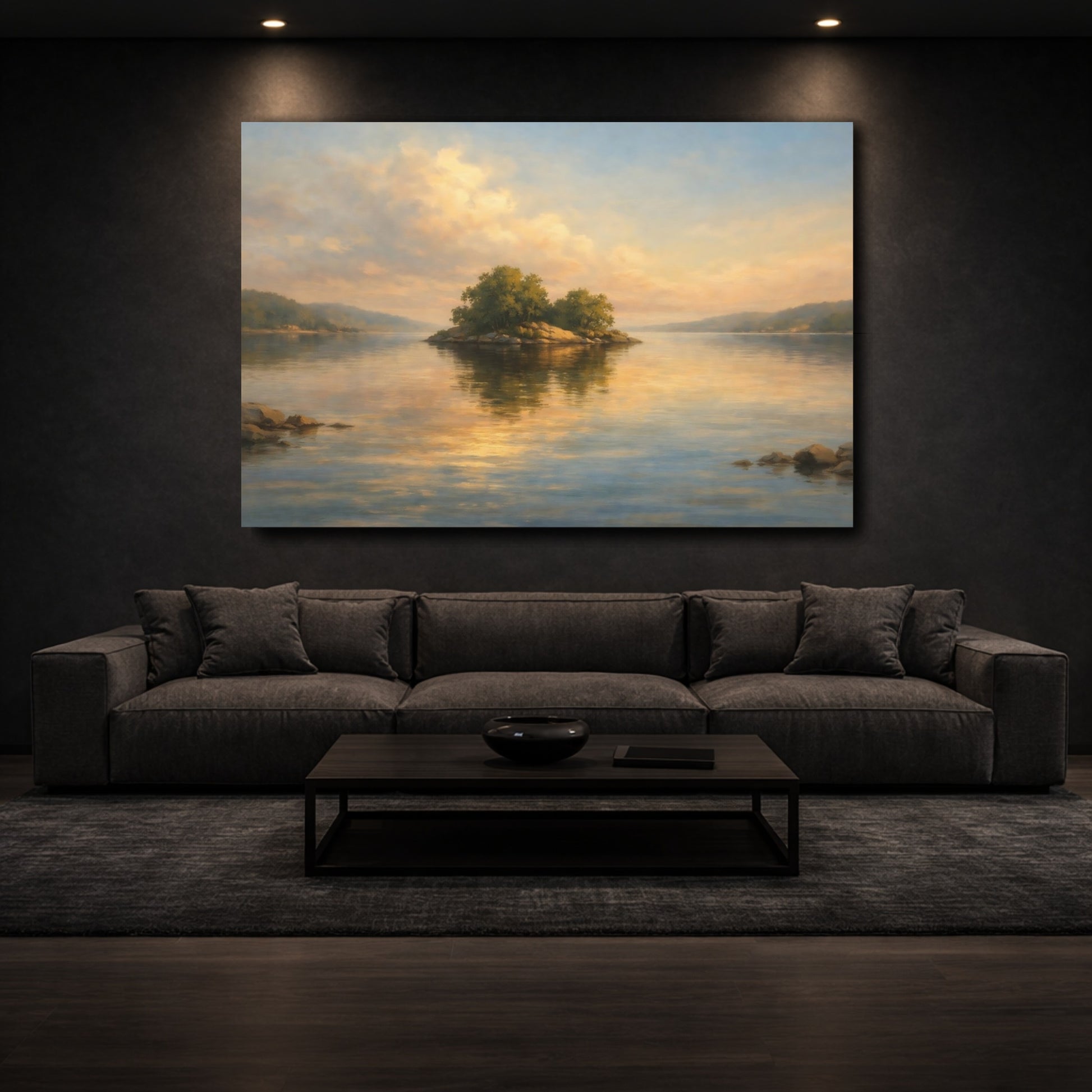 Mockup 2. Nature Island Golden Hour Lake shown as stretched canvas wall art
