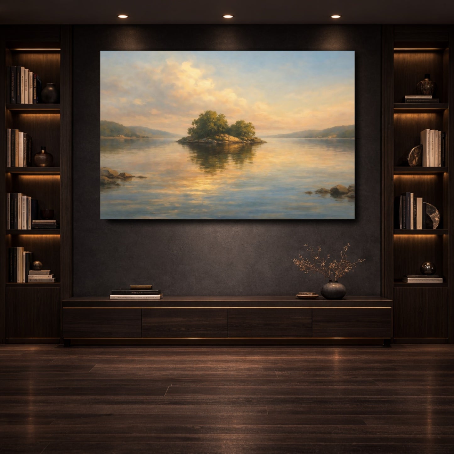 Mockup 3. Nature Island Golden Hour Lake shown as stretched canvas wall art