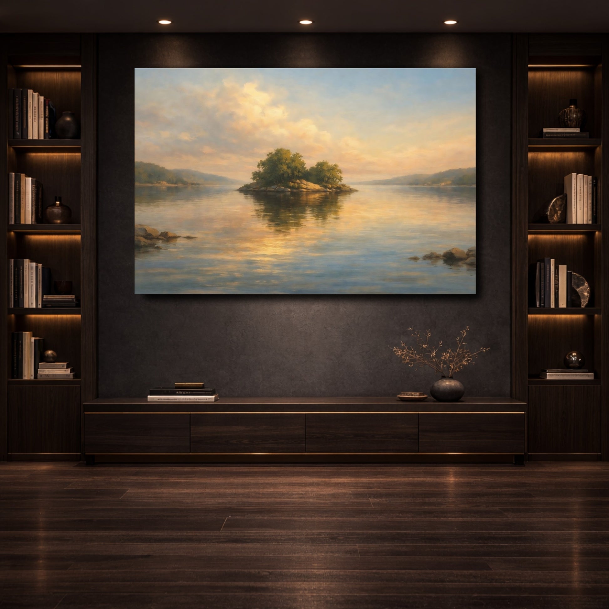 Mockup 3. Nature Island Golden Hour Lake shown as stretched canvas wall art