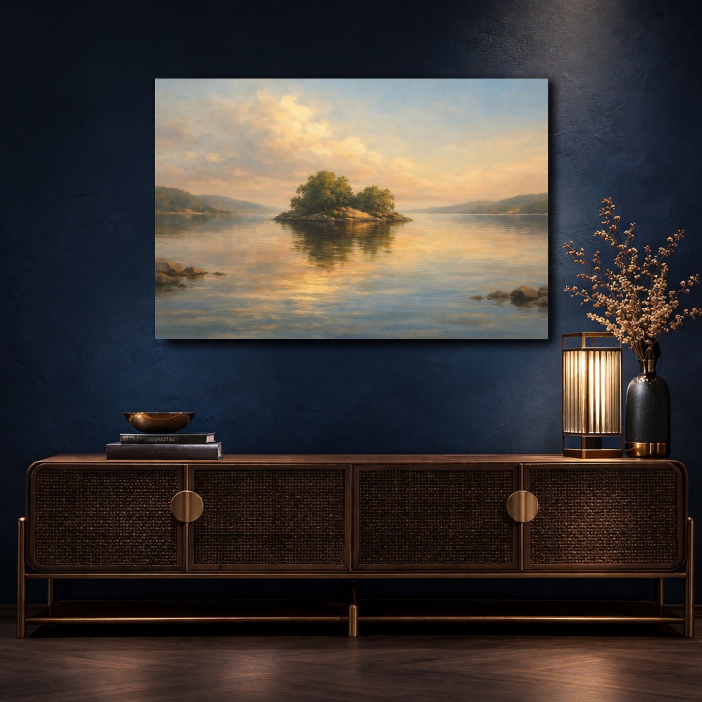 Mockup 4. Nature Island Golden Hour Lake shown as stretched canvas wall art