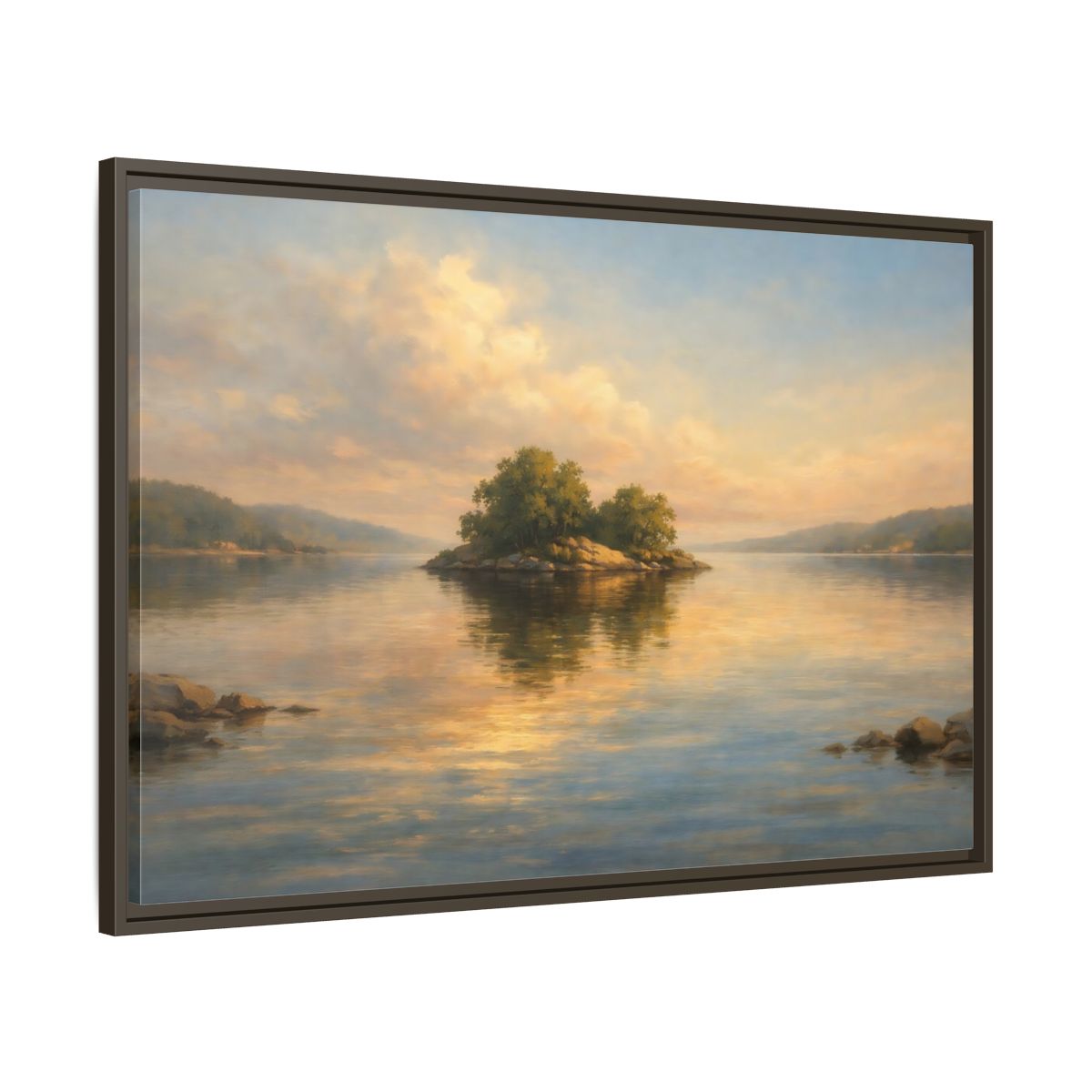 Side Mockup 9. Nature Island Golden Lake Island shown as stretched canvas wall art