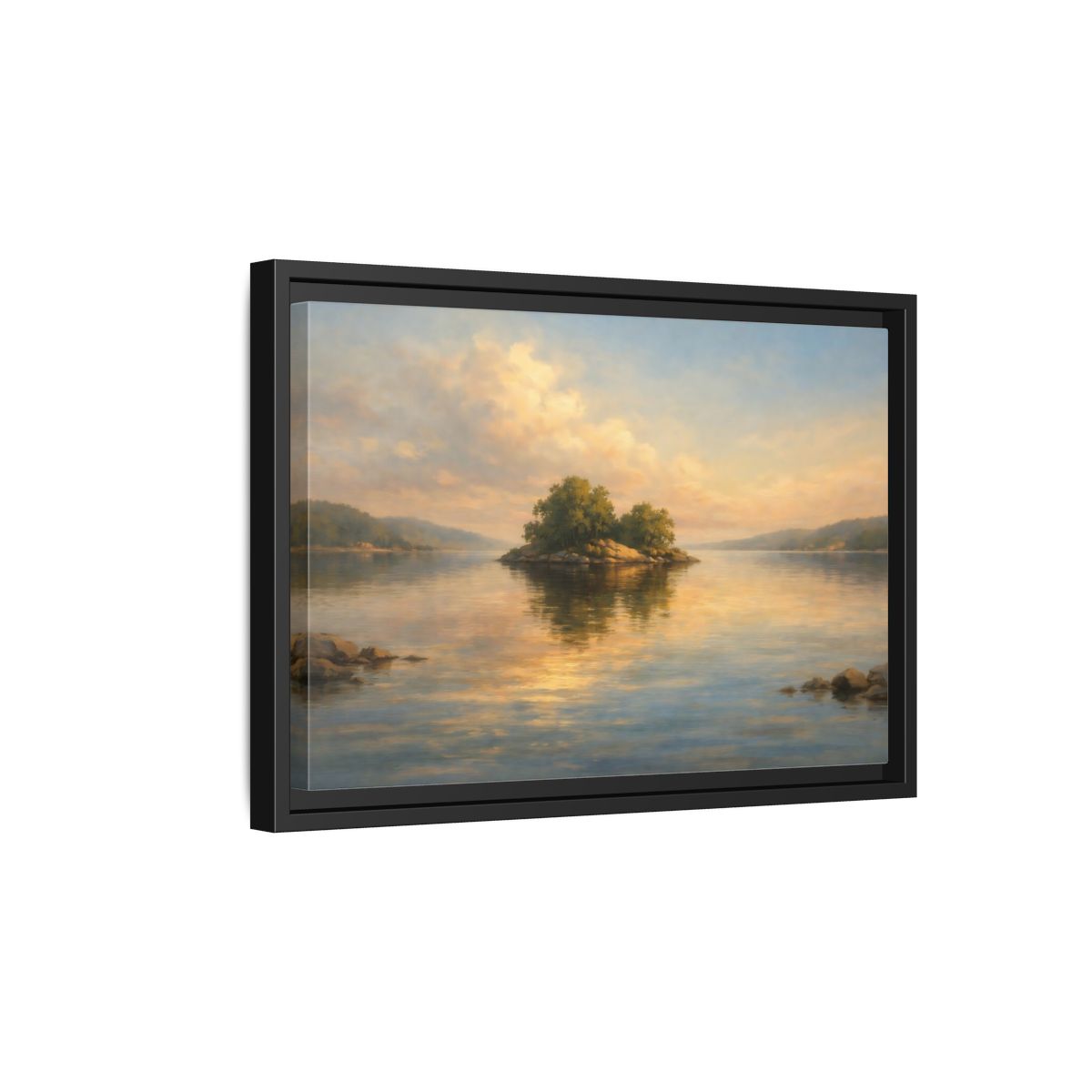 Side Mockup 6. Nature Island Golden Lake Island shown as stretched canvas wall art