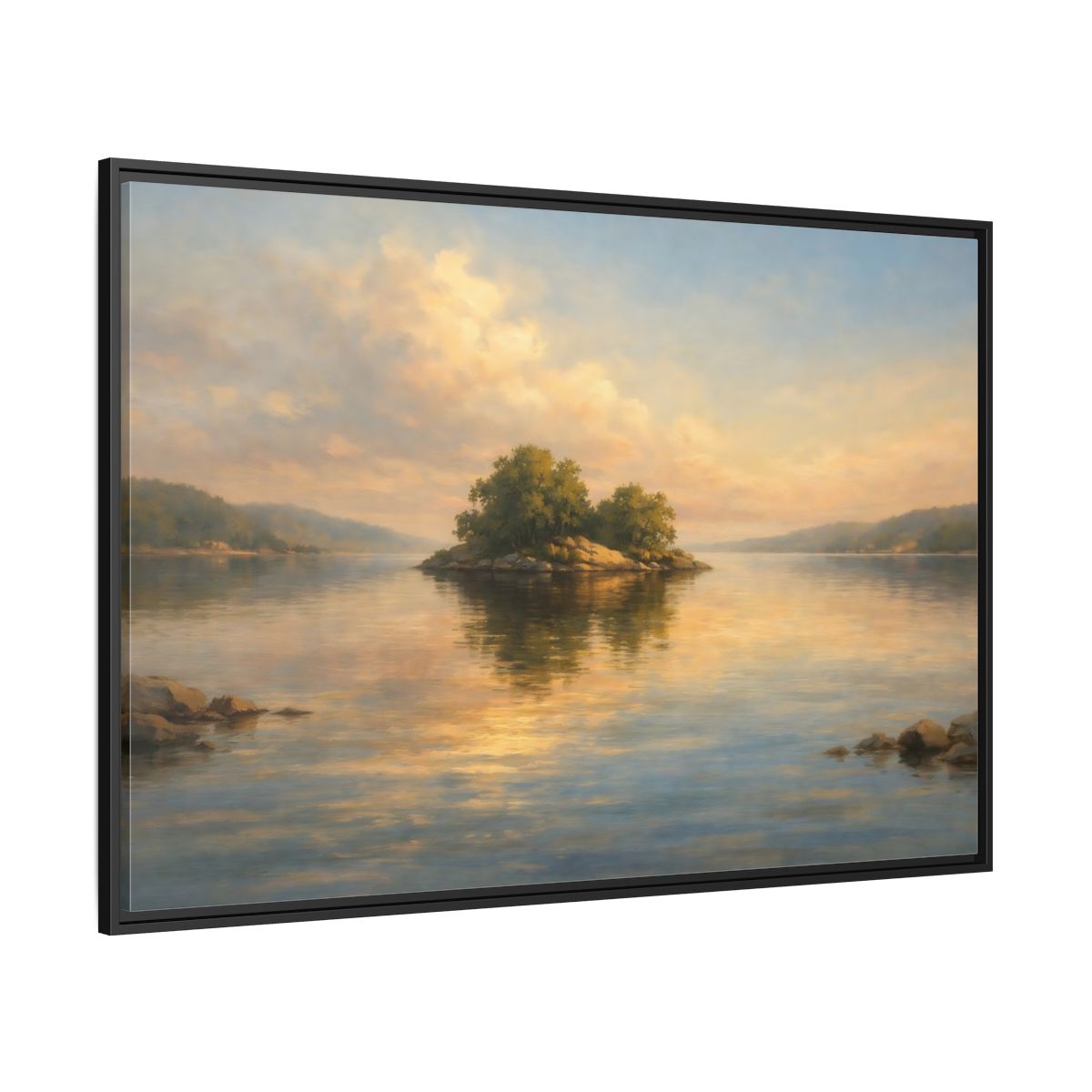 Side Mockup 12. Nature Island Golden Lake Island shown as stretched canvas wall art
