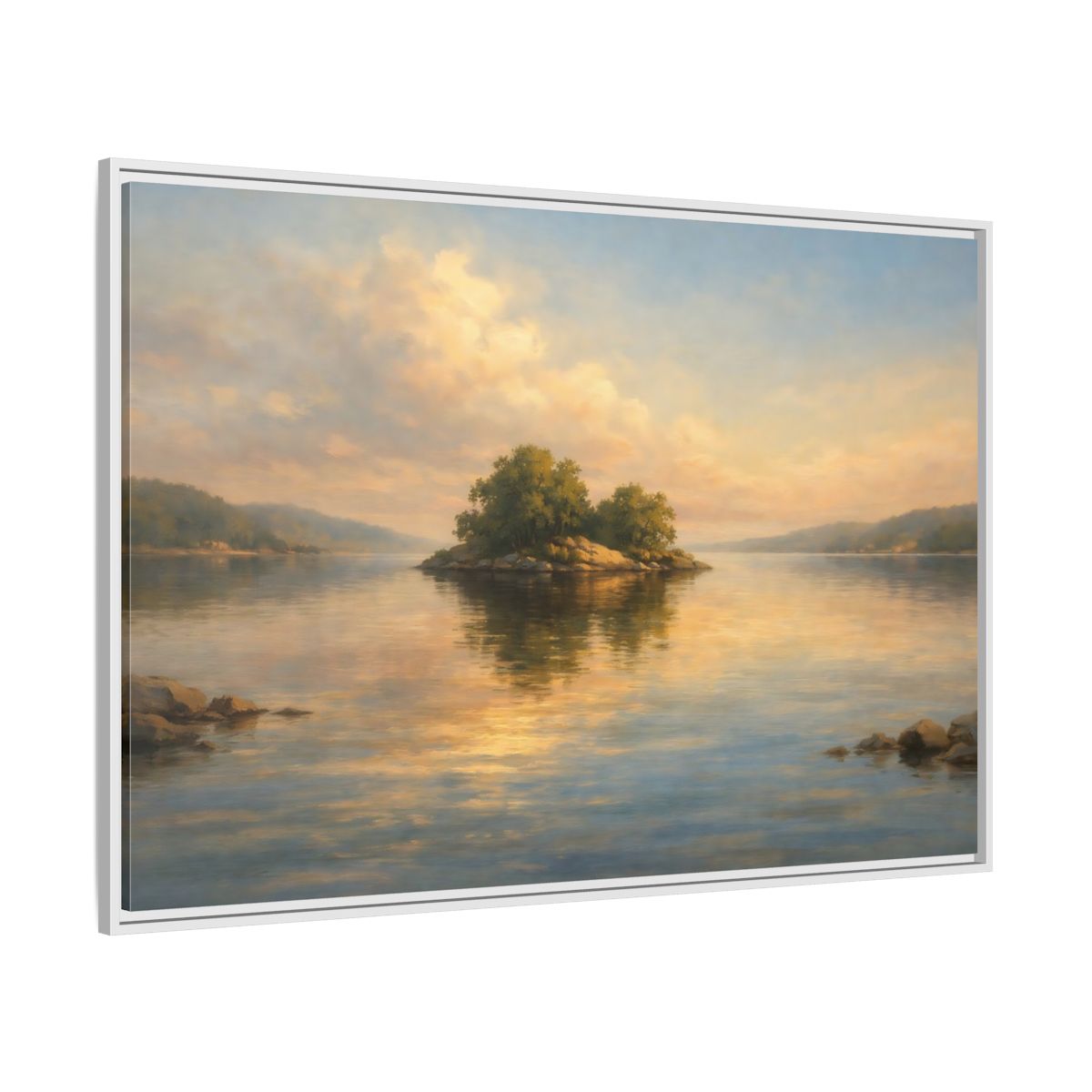 Side Mockup 7. Nature Island Golden Lake Island shown as stretched canvas wall art