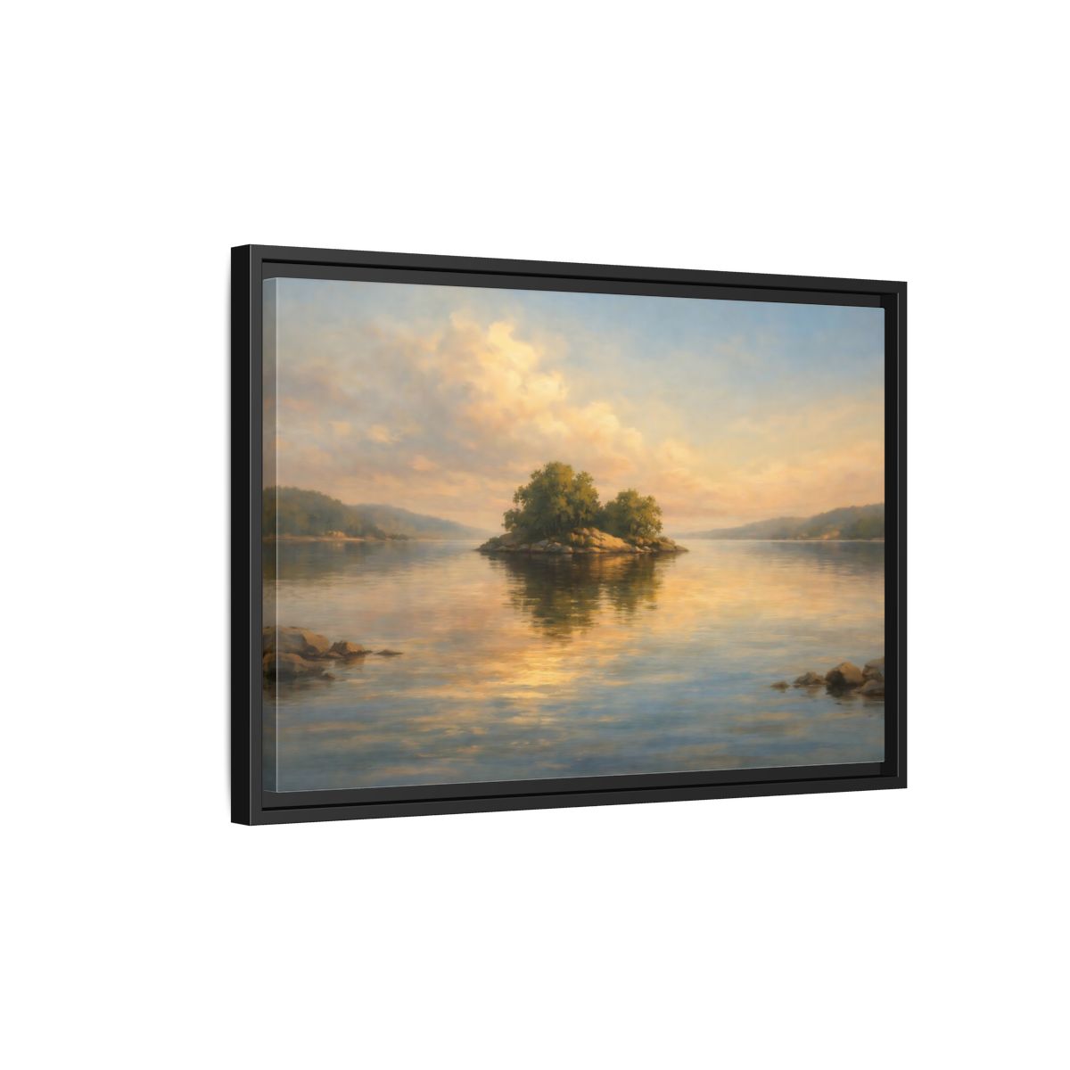 Side Mockup 3. Nature Island Golden Lake Island shown as stretched canvas wall art
