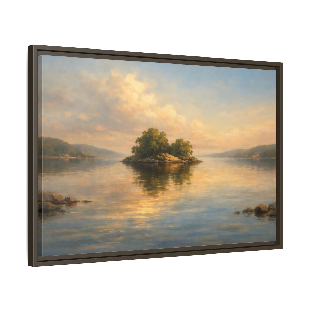 Side Mockup 11. Nature Island Golden Lake Island shown as stretched canvas wall art
