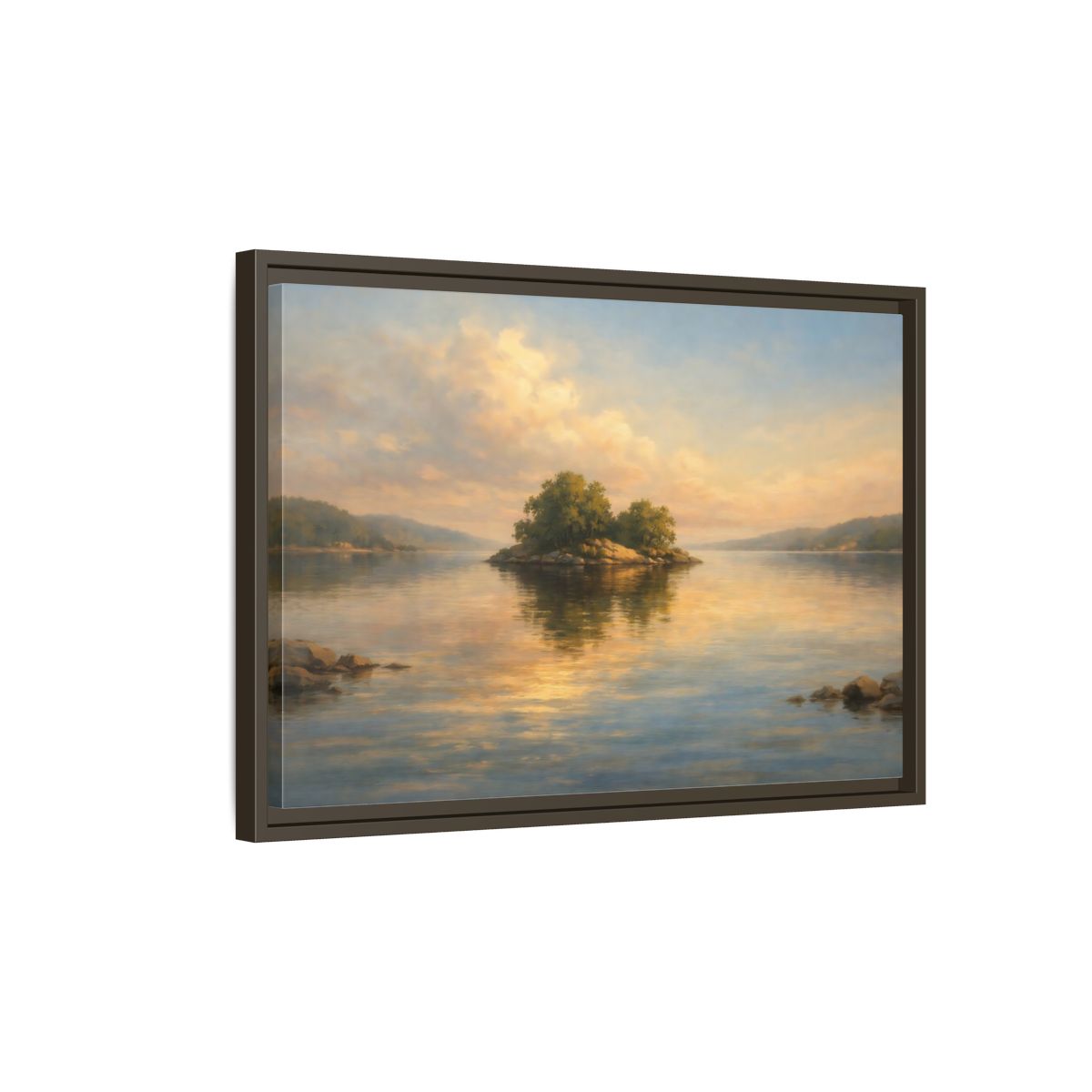 Side Mockup 2. Nature Island Golden Lake Island shown as stretched canvas wall art