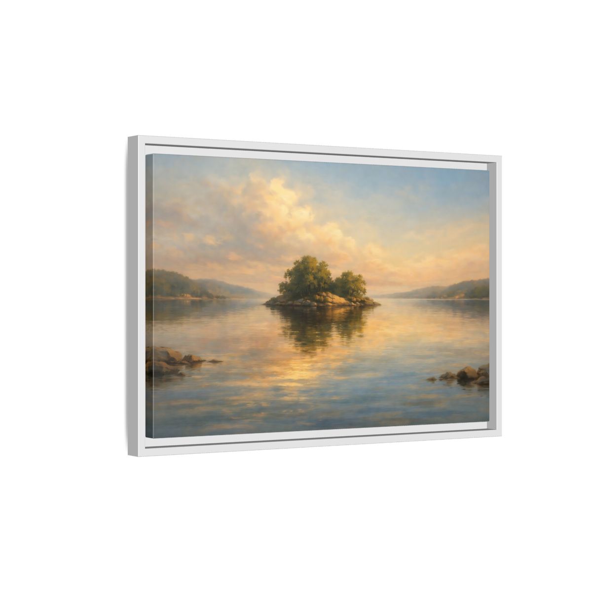 Side Mockup 1. Nature Island Golden Lake Island shown as stretched canvas wall art