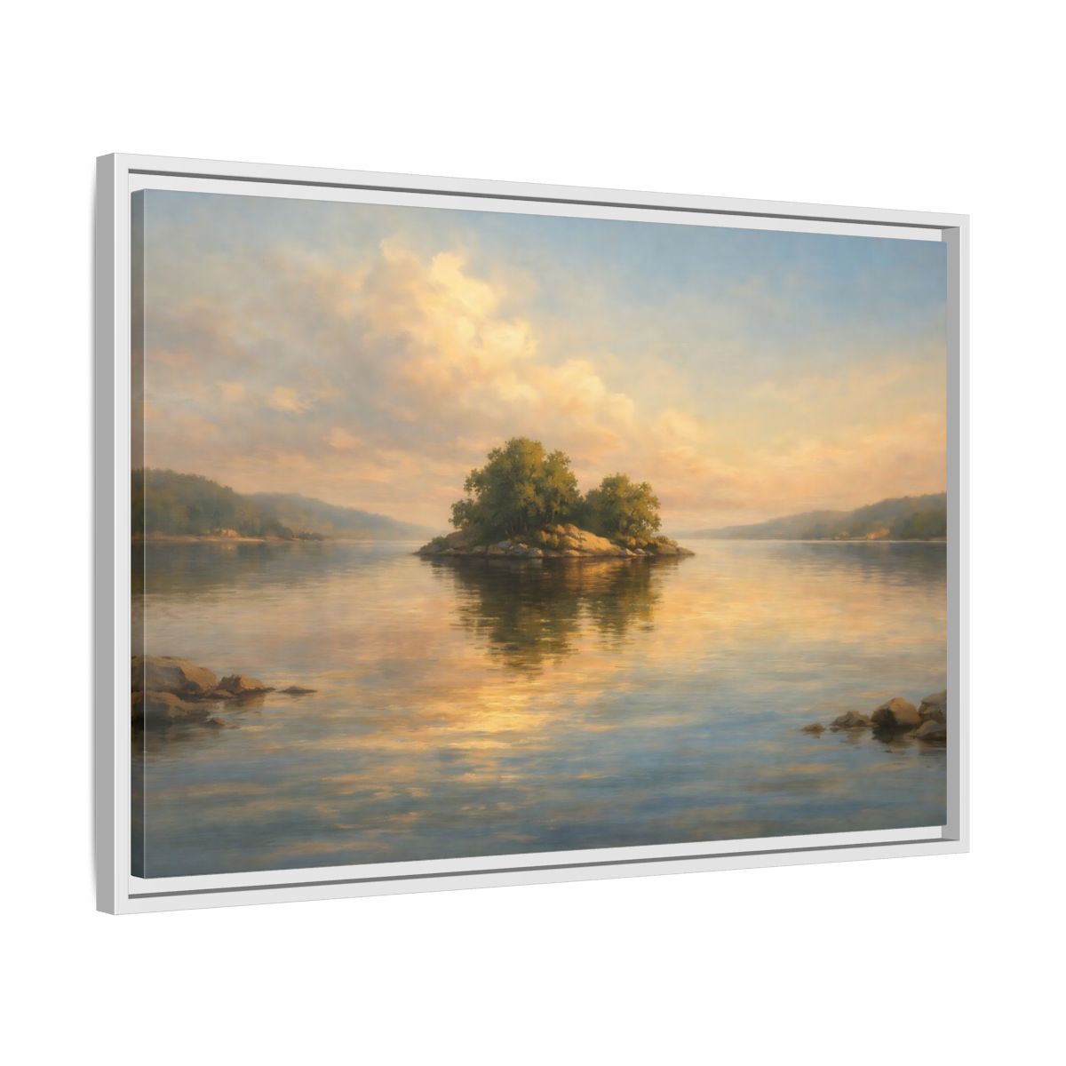 Side Mockup 10. Nature Island Golden Lake Island shown as stretched canvas wall art