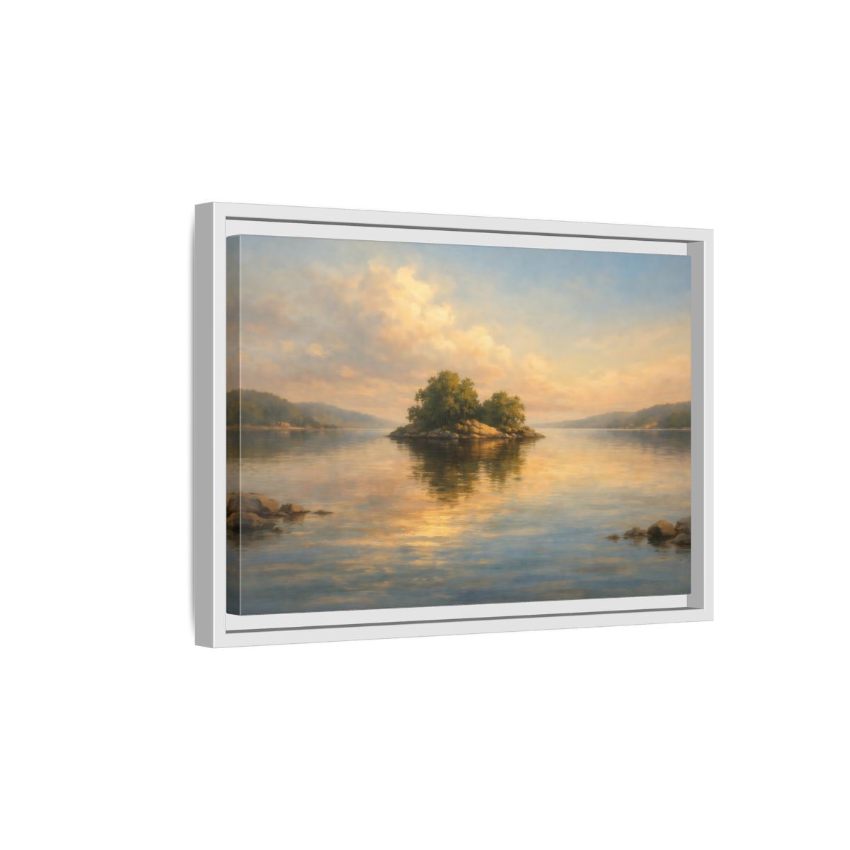 Side Mockup 4. Nature Island Golden Lake Island shown as stretched canvas wall art
