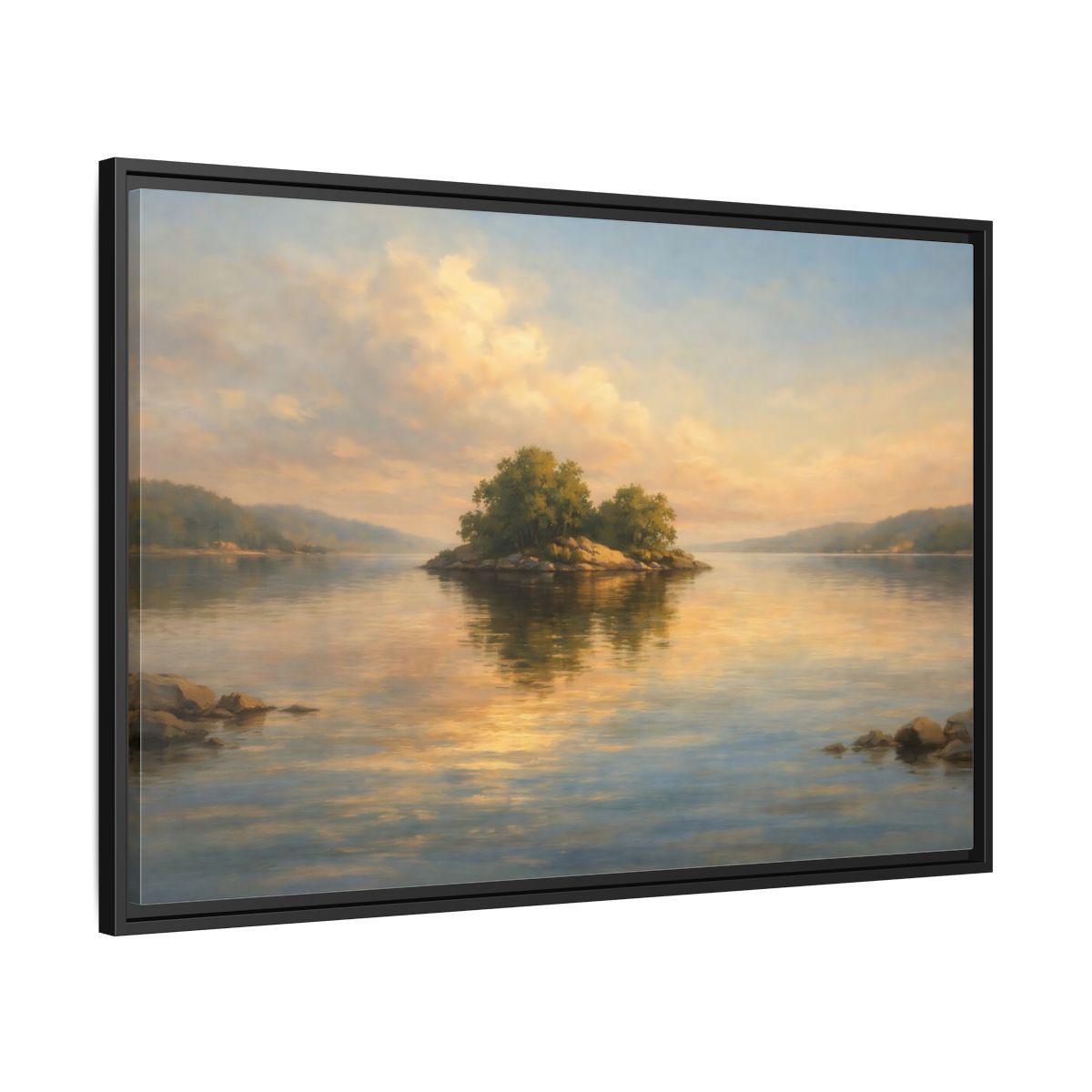 Side Mockup 13. Nature Island Golden Lake Island shown as stretched canvas wall art