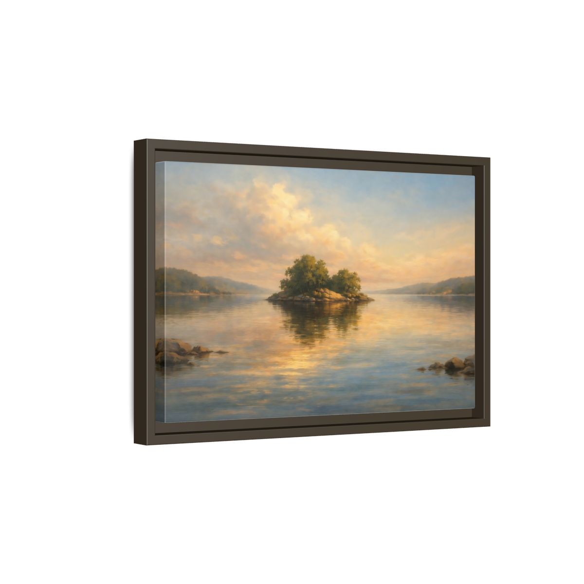 Side Mockup 5. Nature Island Golden Lake Island shown as stretched canvas wall art