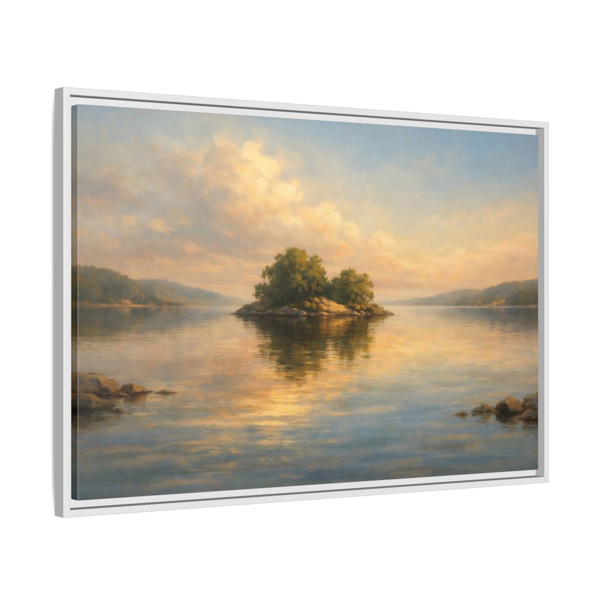 Side Mockup 8. Nature Island Golden Lake Island shown as stretched canvas wall art