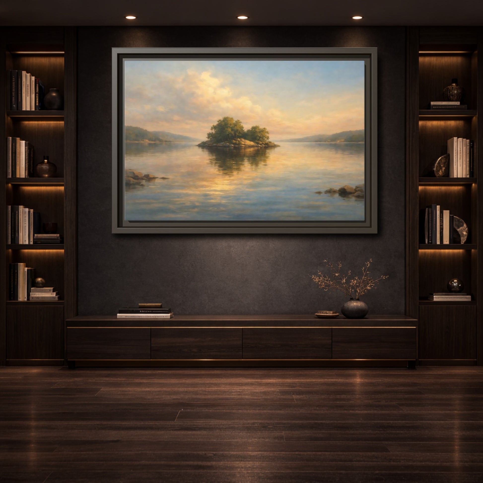 Mockup 3. Nature Island Golden Lake Island shown as stretched canvas wall art