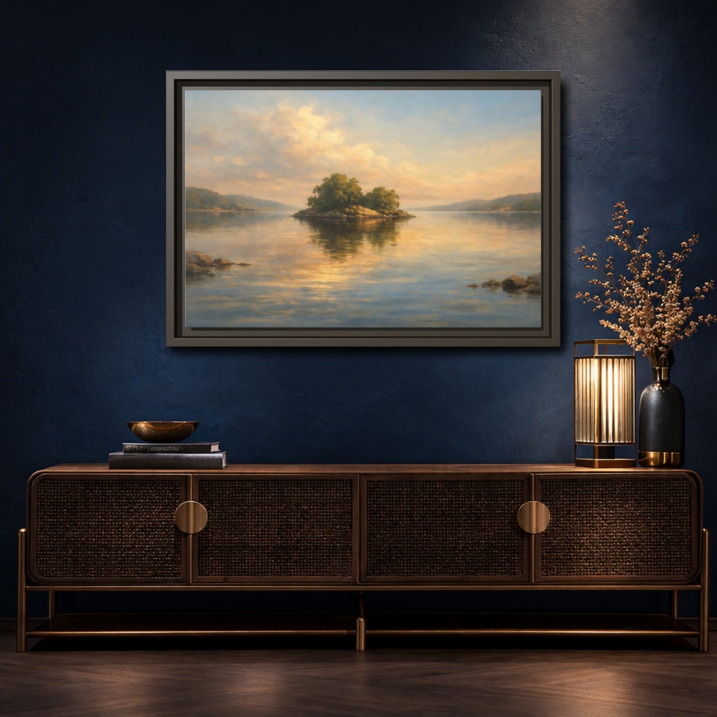 Mockup 4. Nature Island Golden Lake Island shown as stretched canvas wall art