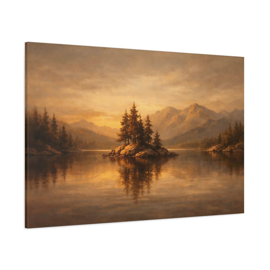 Main Mockup. Nature Island Golden Landscape shown as stretched canvas wall art